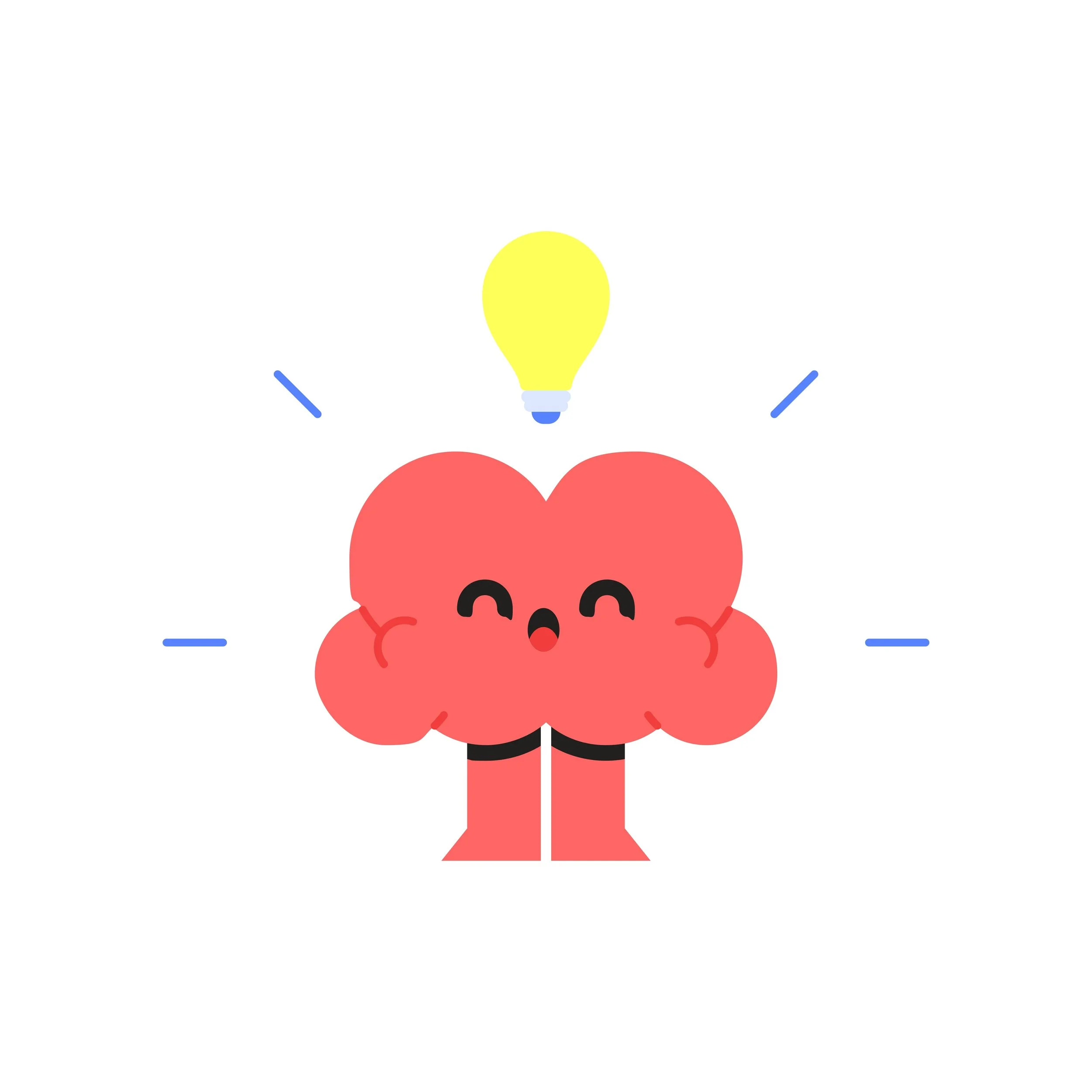 A cartoon illustration of a brain with a pink body, black eyes, and a smiling expression, with a yellow light bulb above its head, and blue lines around it.