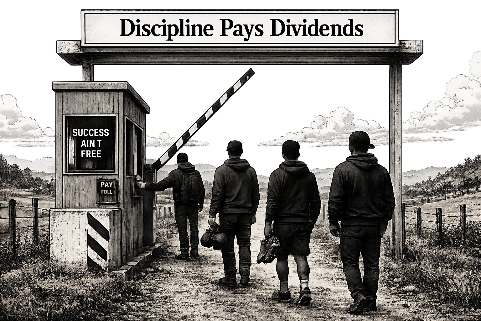 Four people walking through a toll booth on a rural road, with mountains and clouds in the background. The toll booth has a sign that reads 'Success Ain't Free' and a barrier arm. The scene is in black and white with some color distortions.