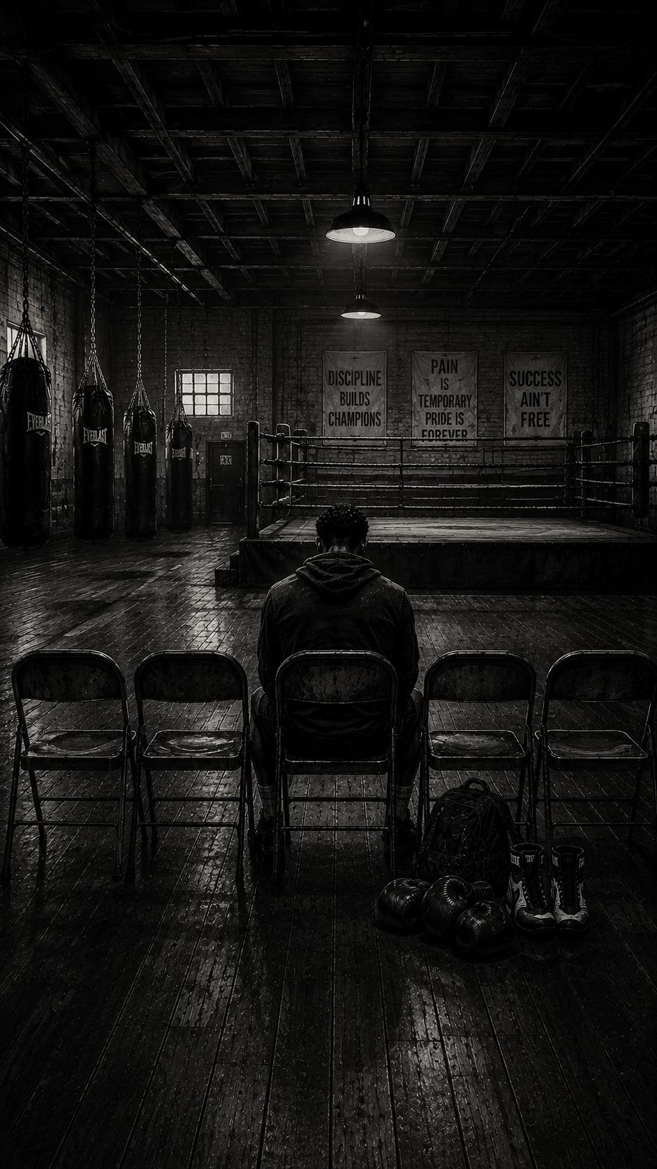 A person sitting alone in a boxing gym, facing an empty boxing ring, with punching bags hanging on the side and motivational posters on the brick wall.