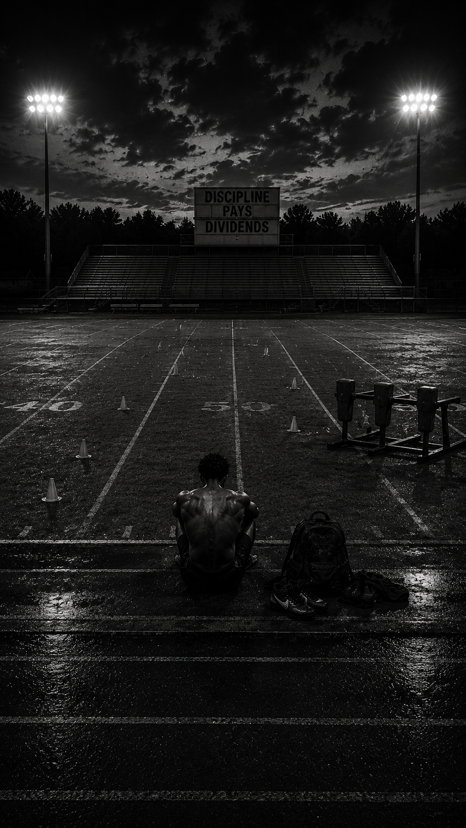 A man sits on a wet football field at dusk, facing away, with a backpack and sports shoes beside him, under floodlights and an overcast sky. A sign reads 'Discipline Pays Dividends' in the background.