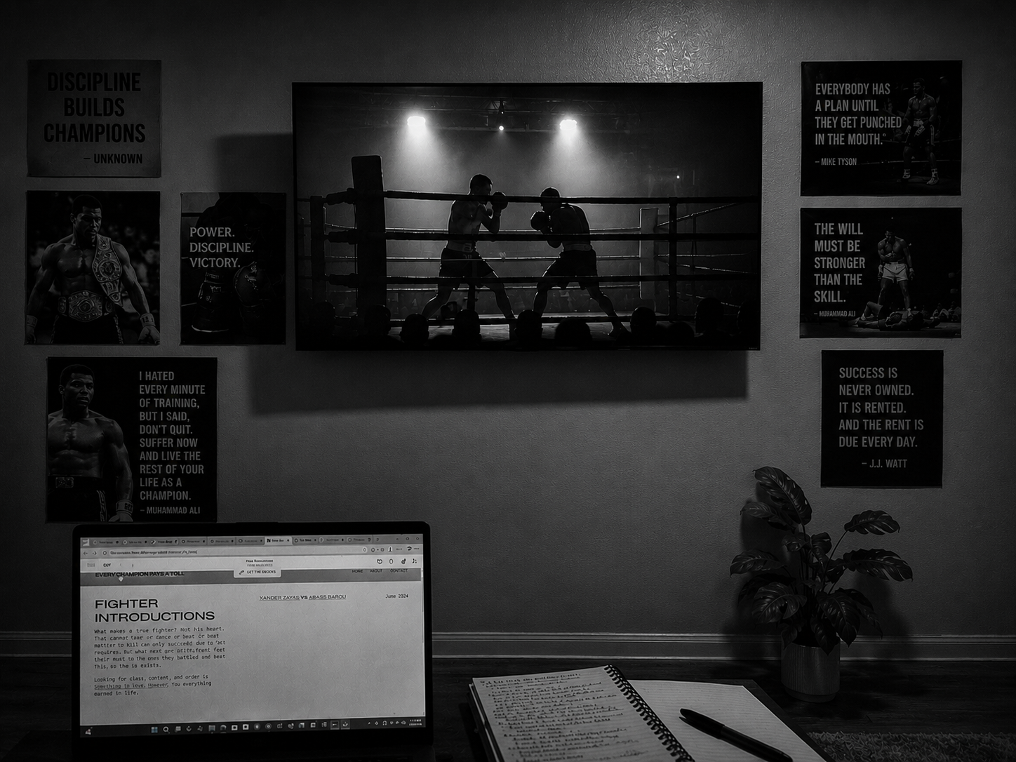 A black and white photo of a room with a large screen displaying two boxers training in a boxing ring under bright lights. The wall around the screen is decorated with motivational posters about discipline, strength, and success. On the desk, there is an open notebook, a pen, and a laptop showing an article titled 'Fighter Introductions.'