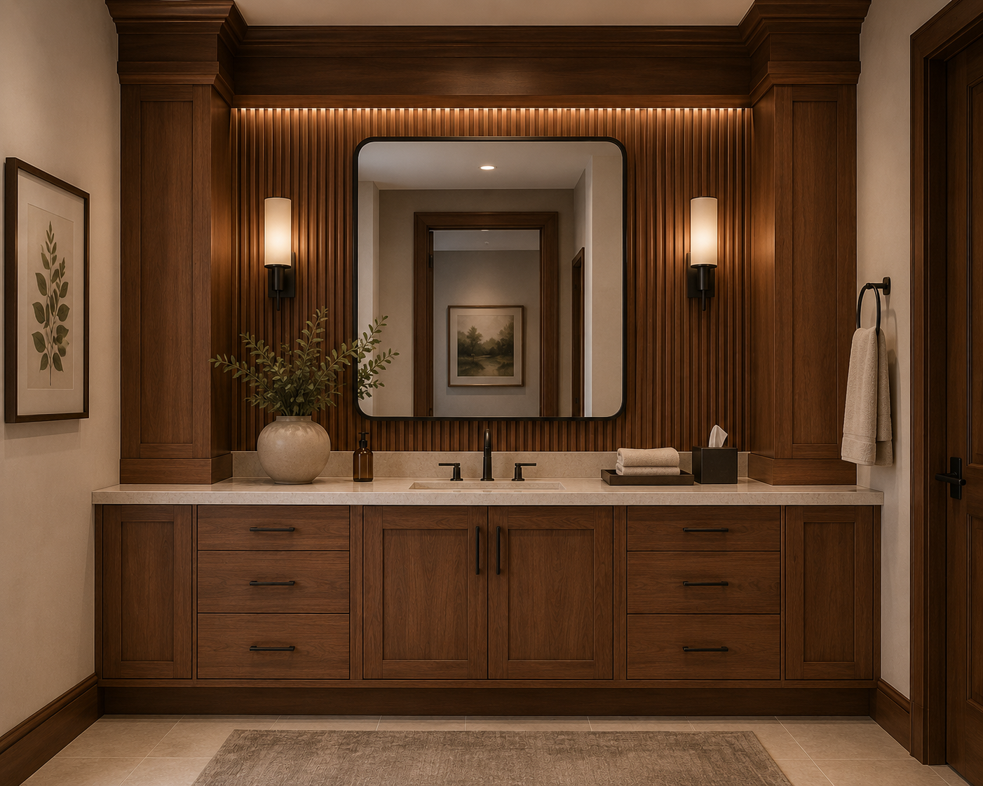 Bathroom vanity with wooden cabinetry, large mirror, two wall-mounted lights, a large potted plant, and a countertop with towels and tissue box.