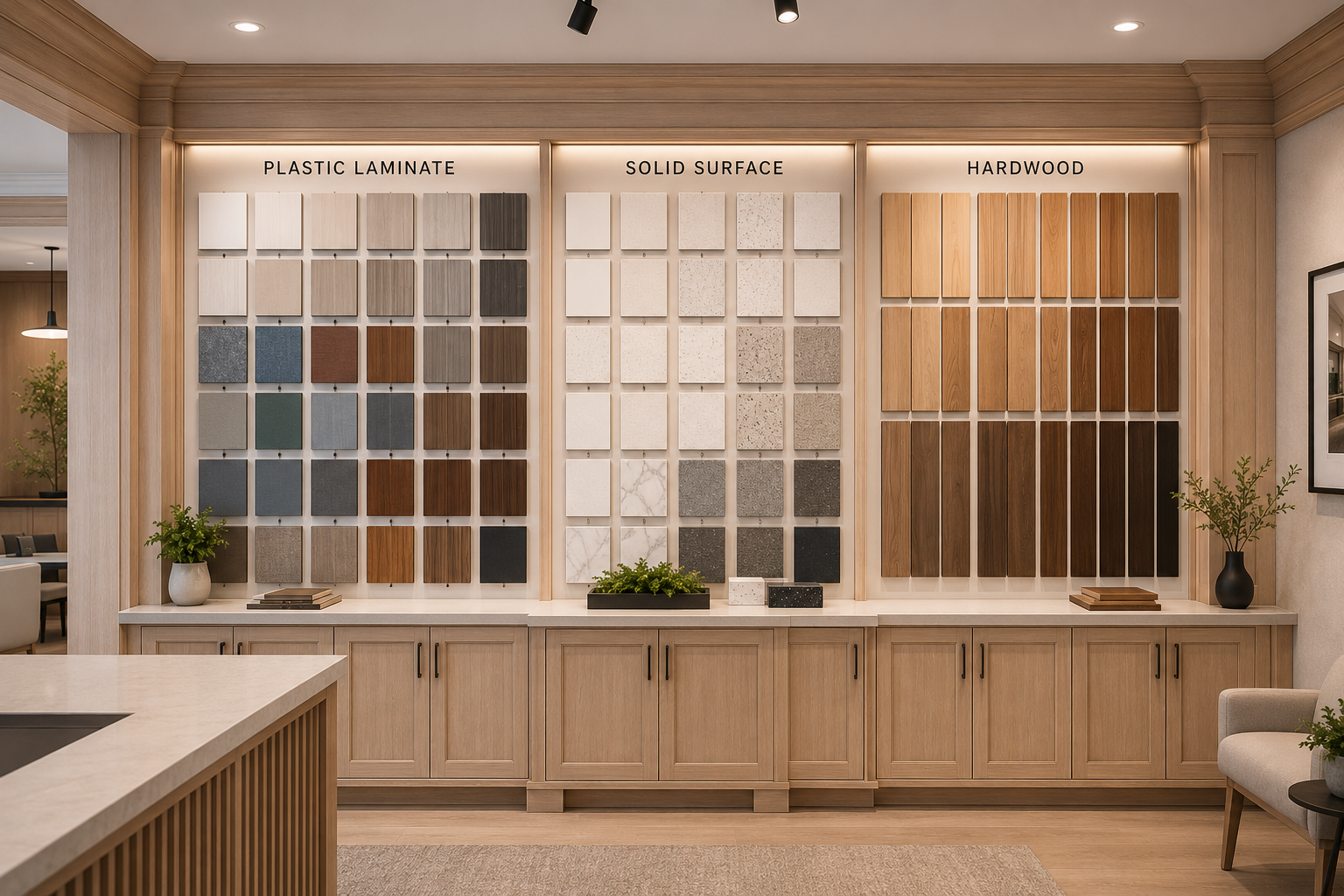 Display wall of different flooring samples labeled as plastic laminate, solid surface, and hardwood in a showroom.