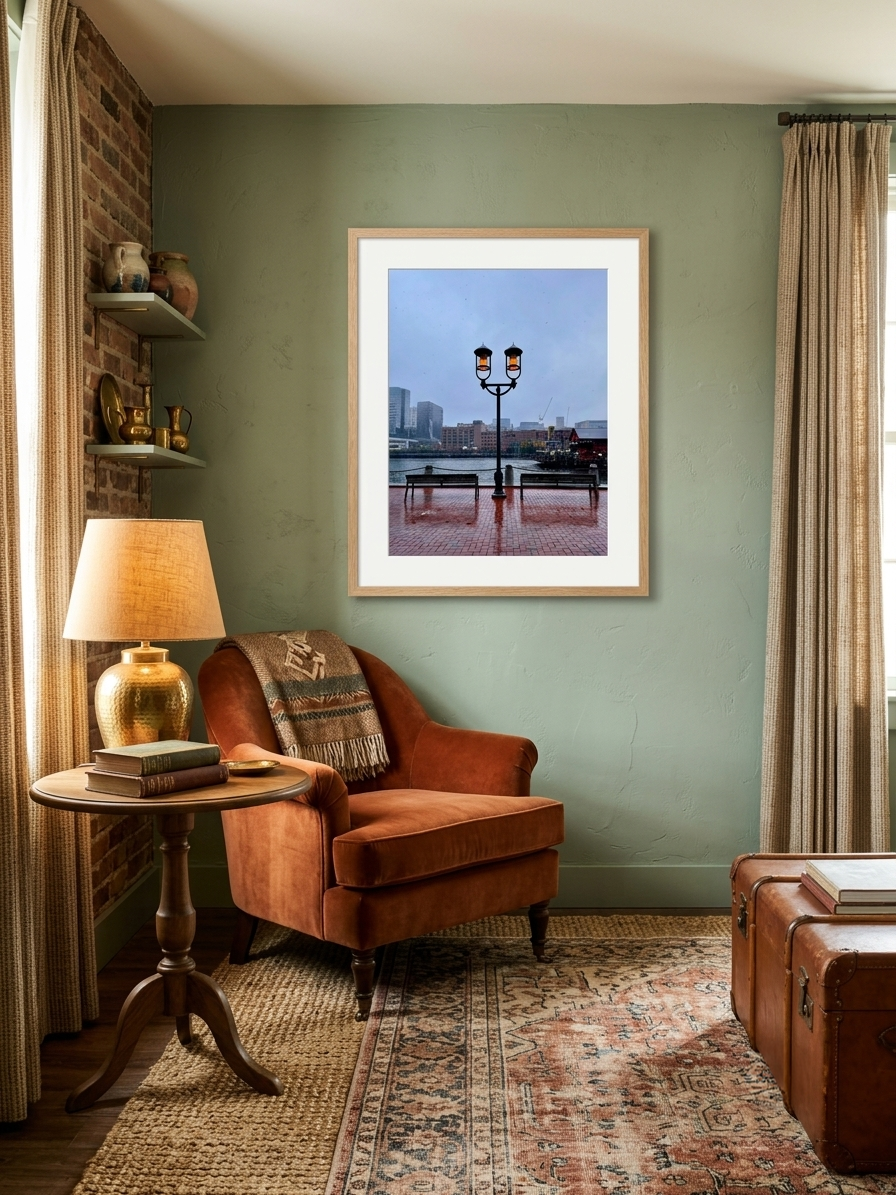 Living room with green wall, large framed photograph of a river front with benches, lamp on side table, rust-colored armchair with blanket, books, and a chest on rug near window with curtains.