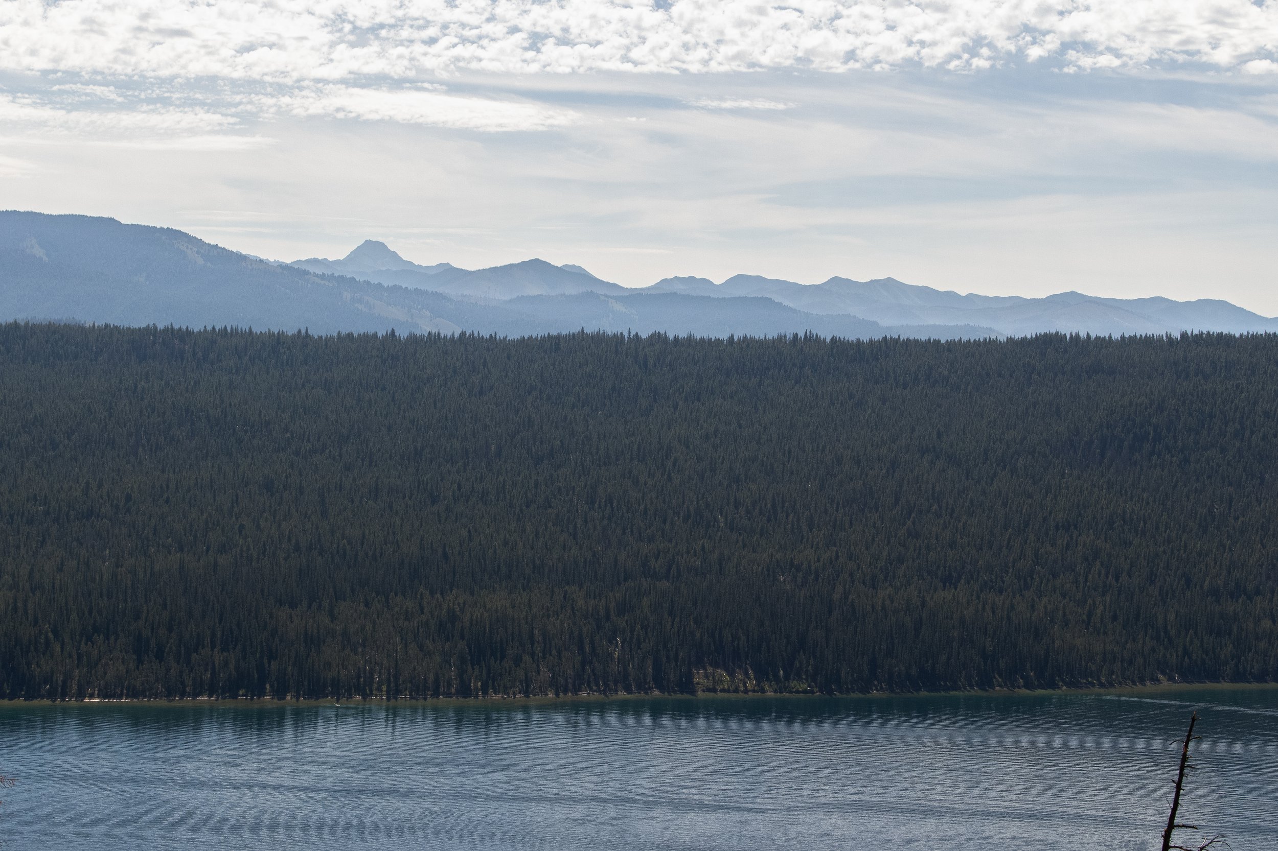 Scenic view of a lake with calm water in the foreground, dense evergreen forest in the middle ground, and layered mountains in the background under partly cloudy sky.