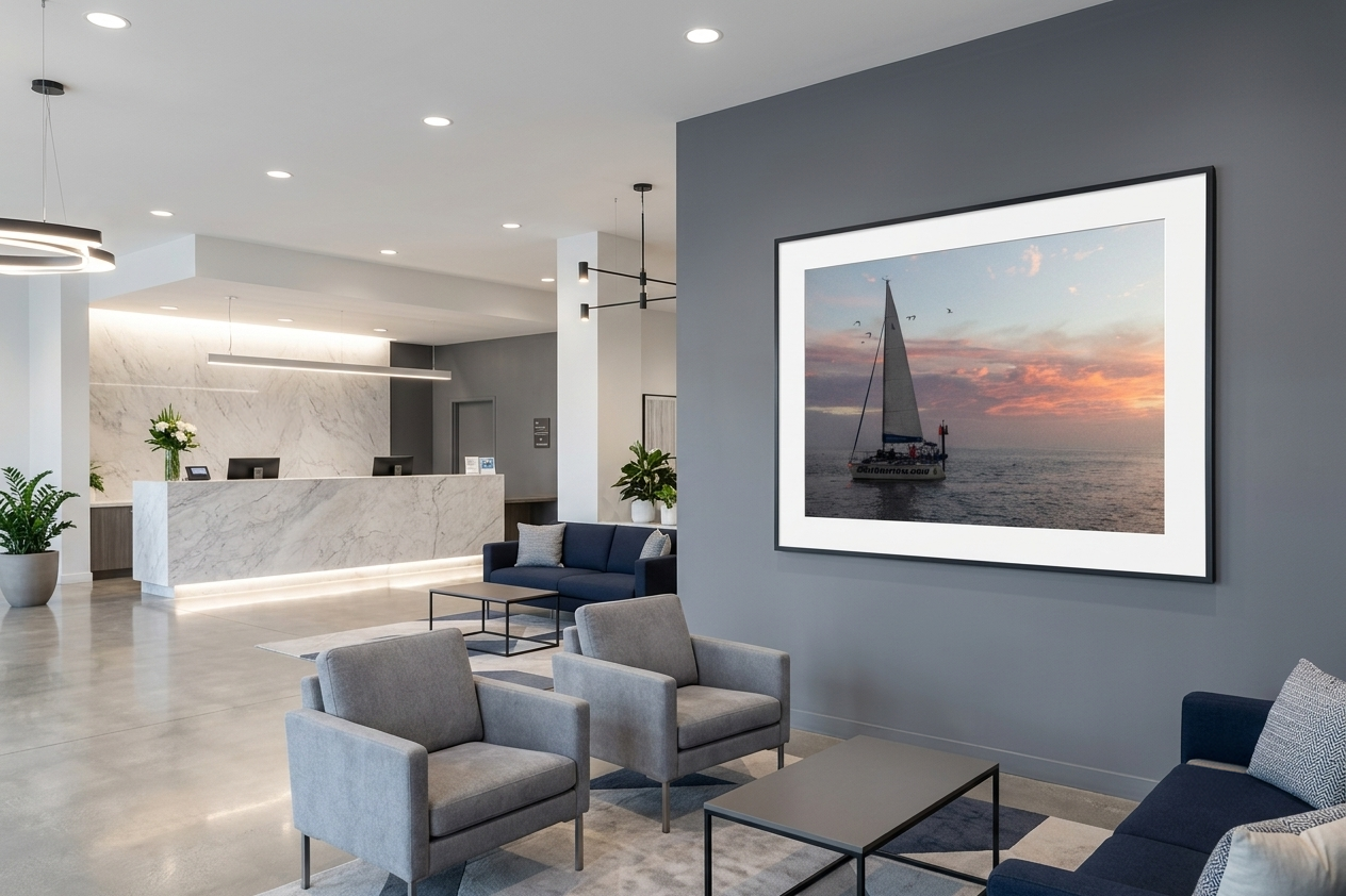 Modern hotel lobby with a marble reception desk, a seating area with gray and blue chairs, a large framed photograph of a sailboat at sunset on the wall, and minimalistic decor.