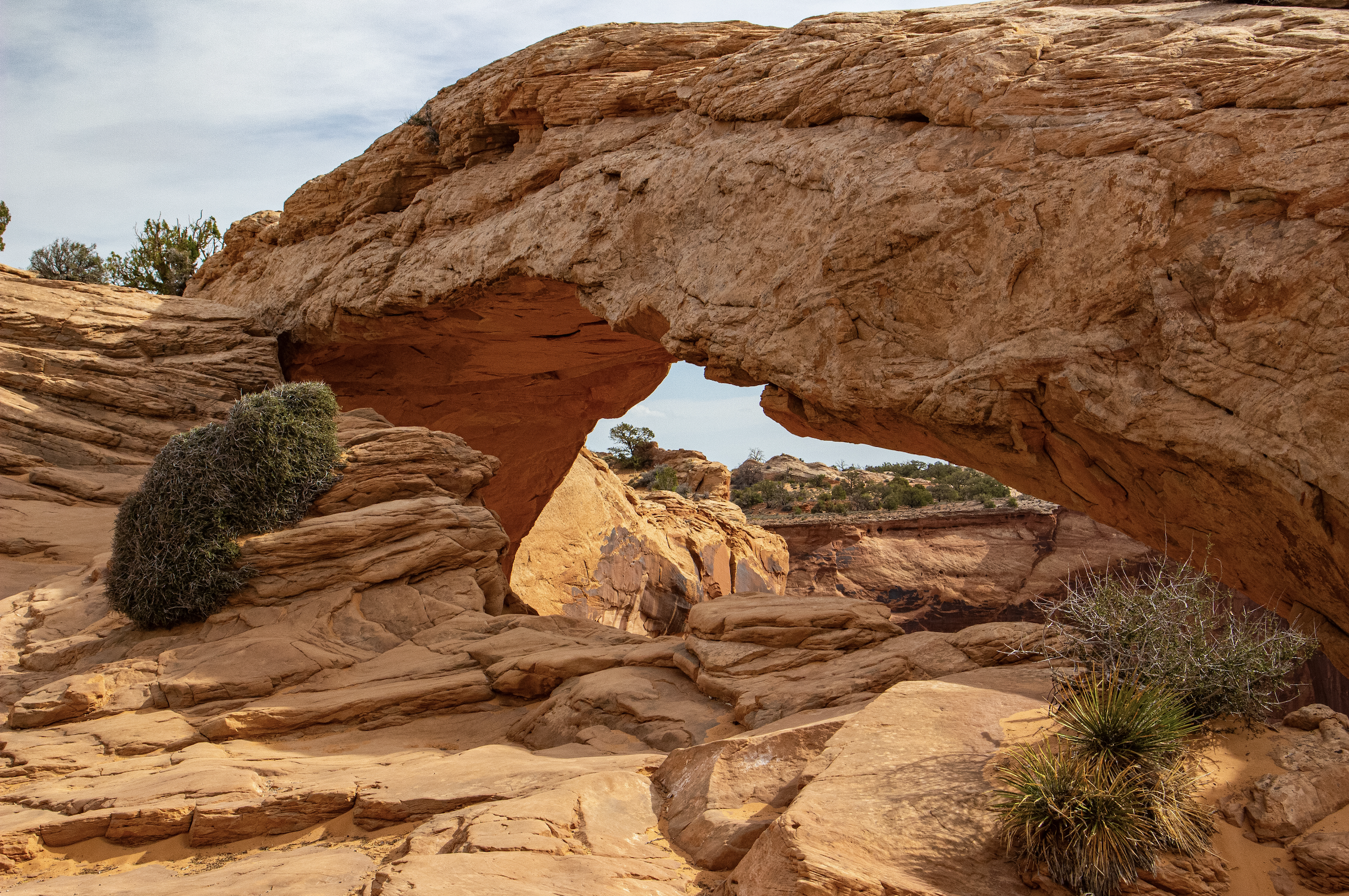 Large natural rock arch in a desert landscape with sparse vegetation and cloudy sky.