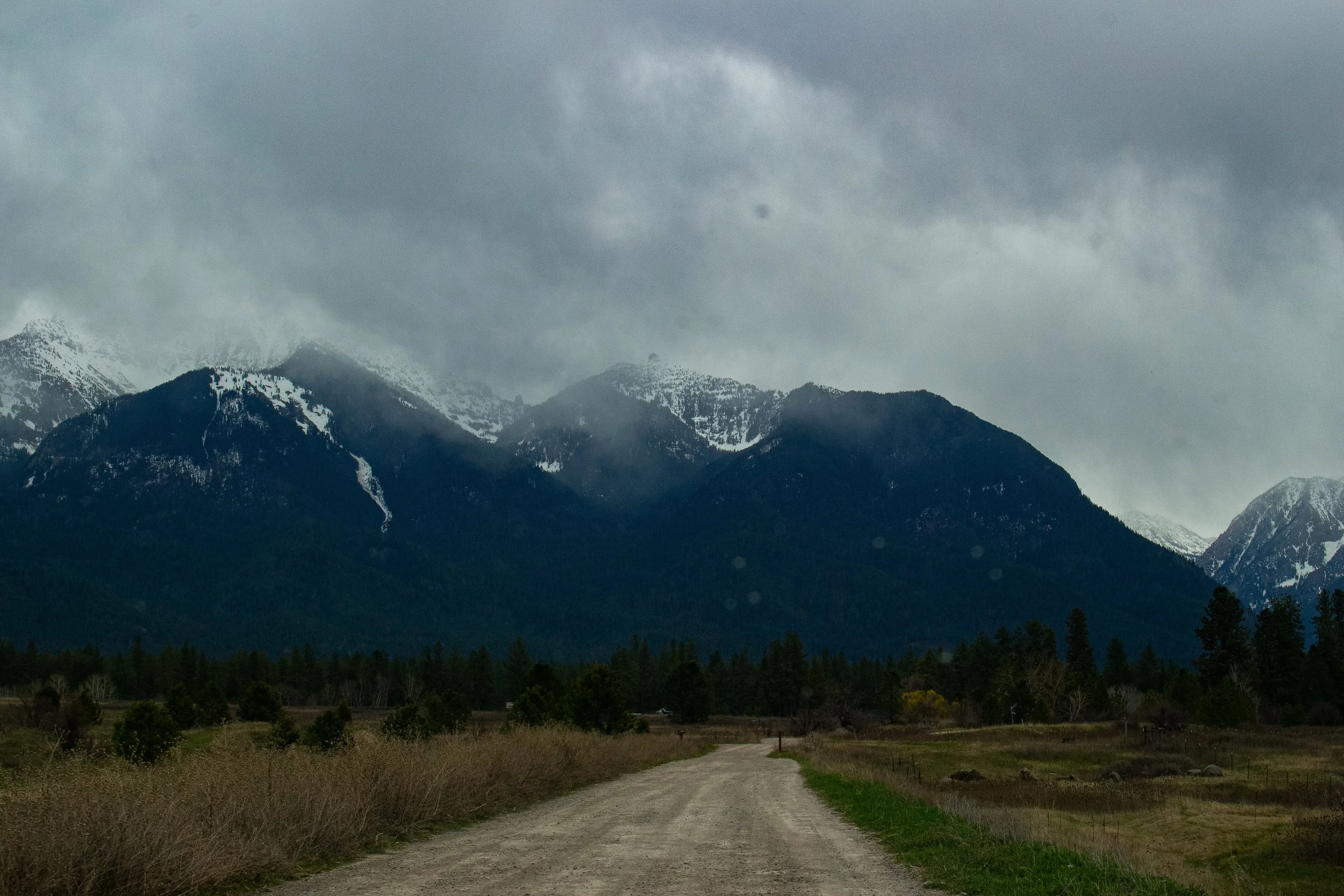 A mountain landscape with snow-capped peaks shrouded in dark clouds, a dirt road running through a grassy field, and trees in the foreground.