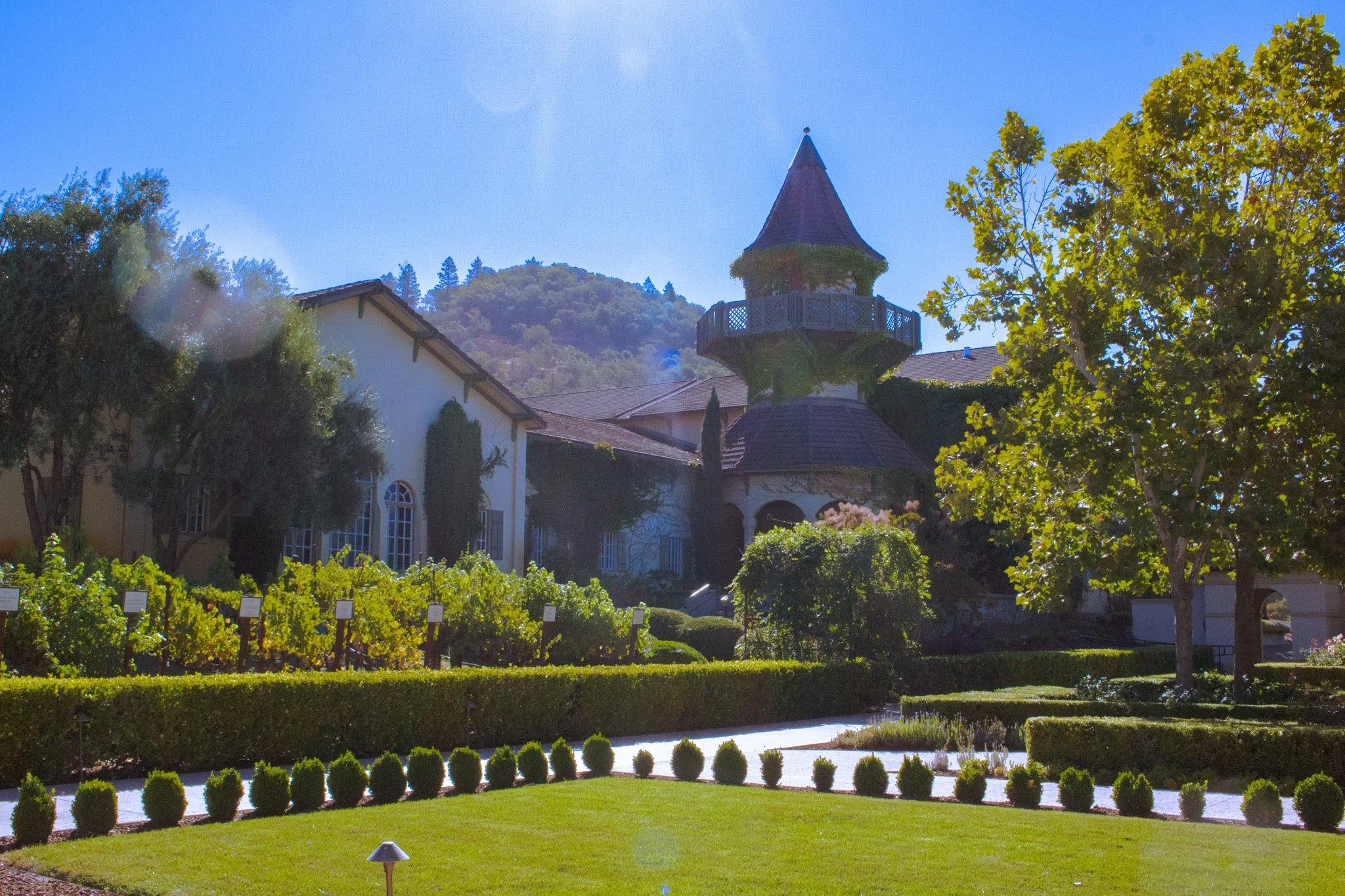 A scenic garden with a large house that has tall windows and a turret with a conical roof. The garden features manicured lawns, small round bushes, and trees, set against a hillside with mountains in the background under a clear blue sky.