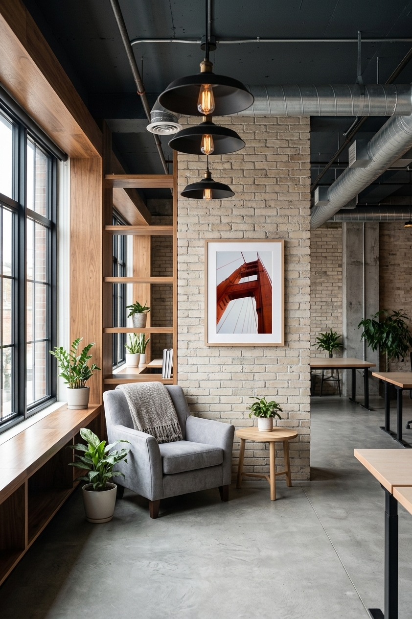 Interior of a modern office space with large windows, wooden shelves, potted plants, a gray armchair with a throw blanket, a small wooden side table, brick wall with framed picture of a bridge, industrial ceiling with hanging black lights and exposed ductwork.