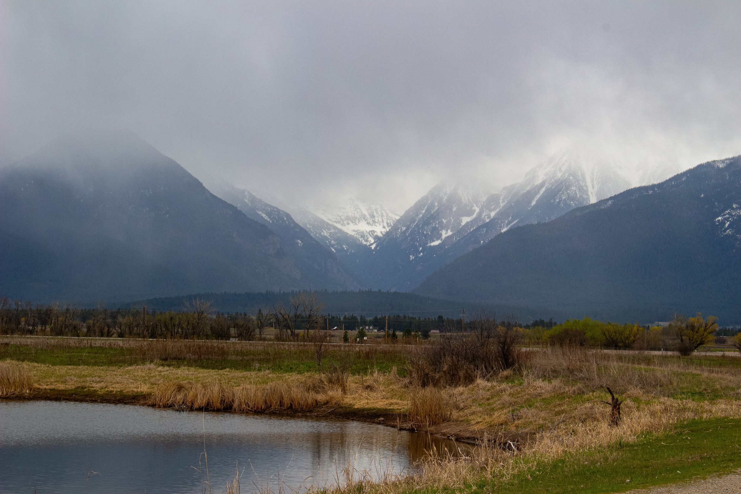 A landscape featuring a river in the foreground, grassy fields with sparse trees, and mountain ranges in the background partially covered in snow under a cloudy, overcast sky.