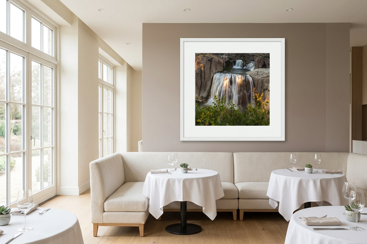 Interior of a restaurant with white tables and chairs, beige couch, and a framed waterfall landscape painting on a wall, near large windows bringing natural light.