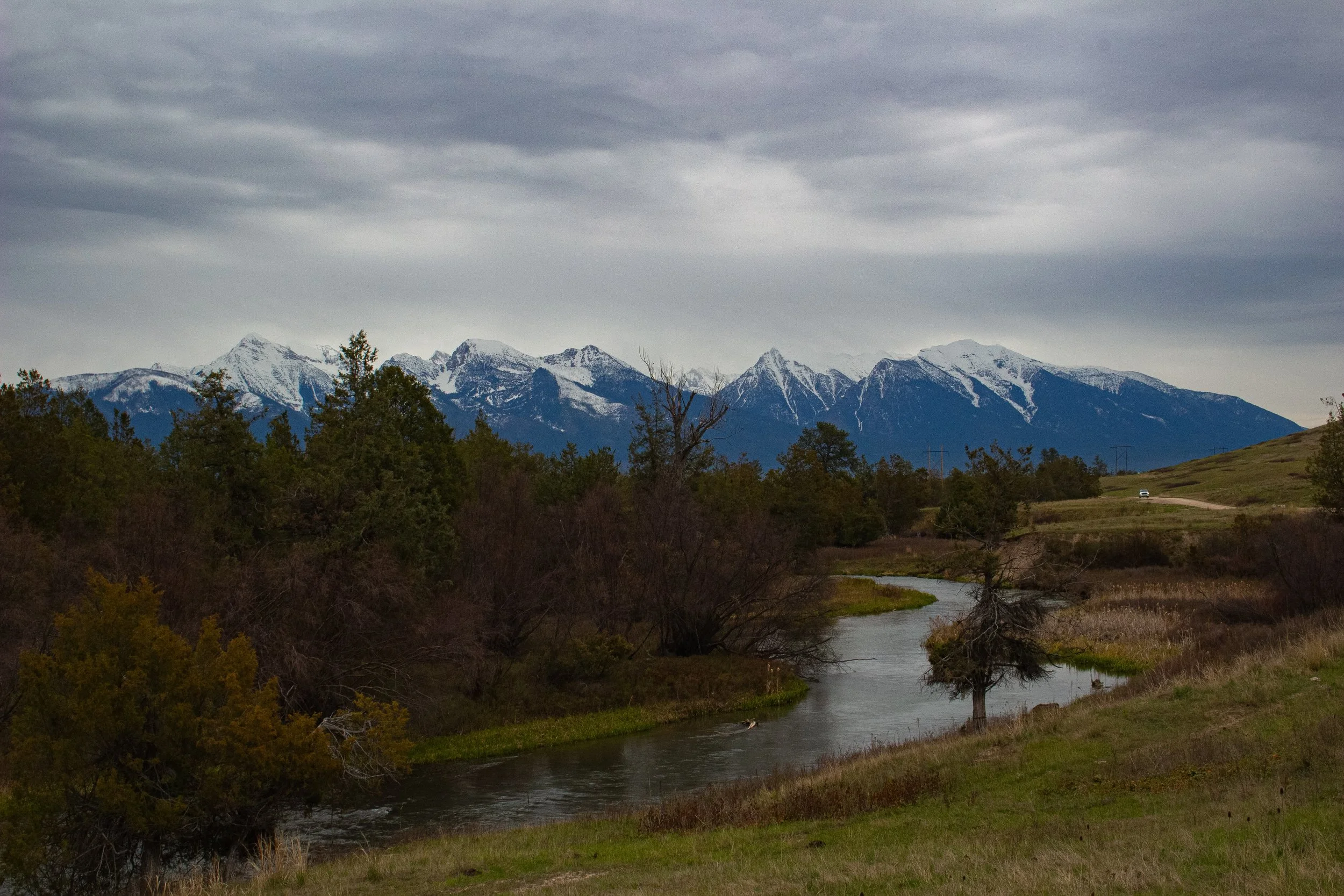 A landscape featuring mountains with snow-capped peaks under a cloudy sky, a river flowing through greenery, and scattered trees along the riverbank.