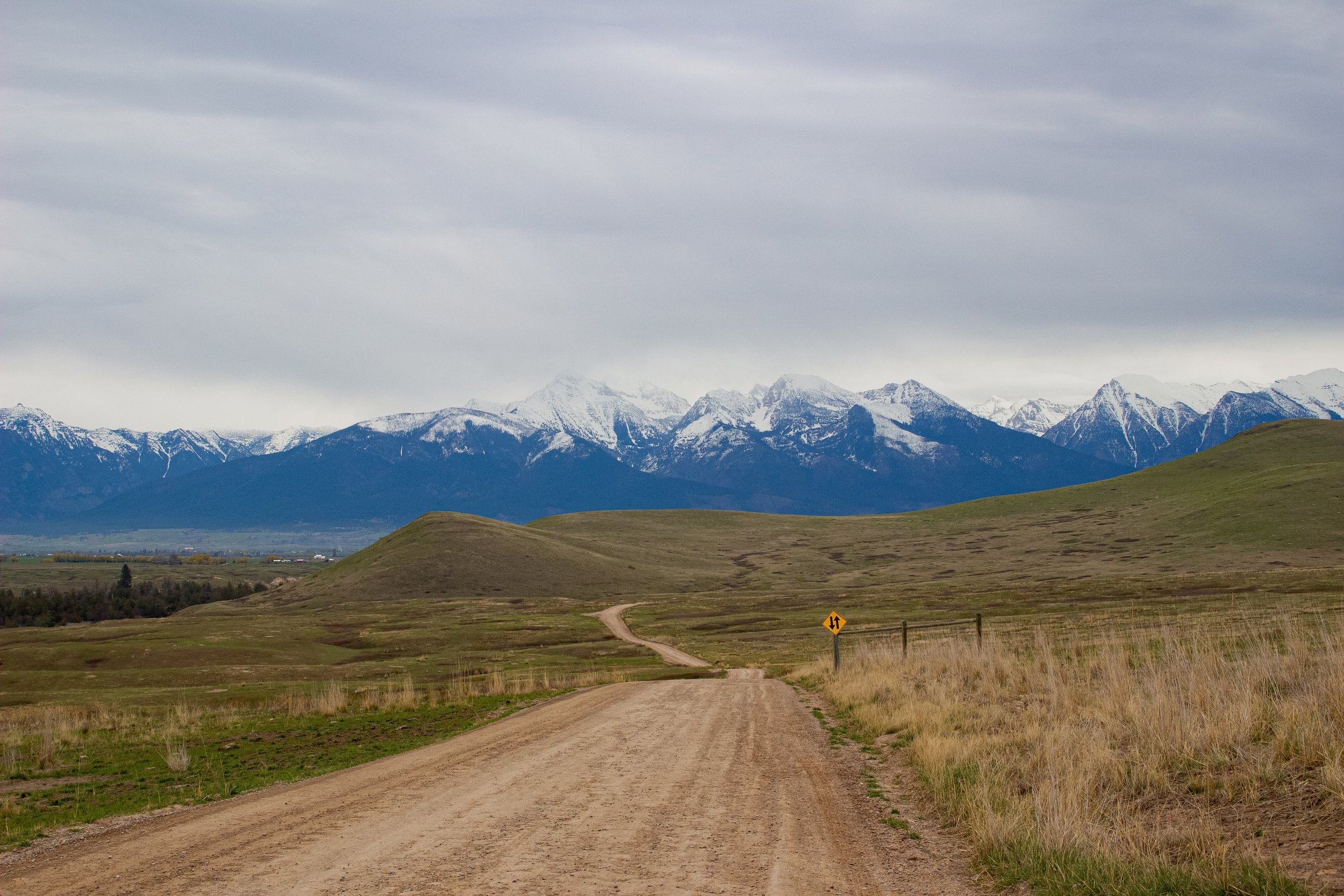 A dirt road winds through grassy fields towards a mountain range with snow-covered peaks under a cloudy sky.