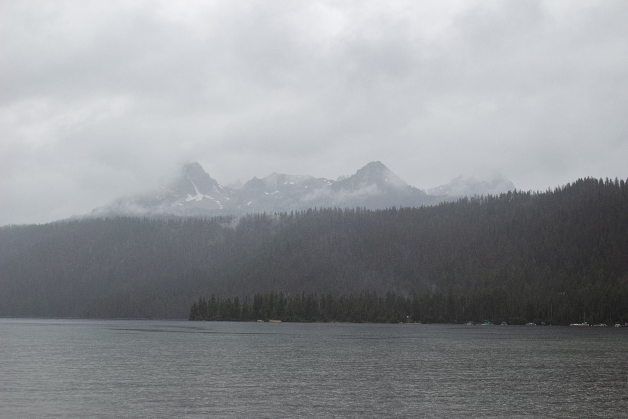 A body of water with several boats docked along the shoreline, a dense forested area, and snow-capped mountains in the background under cloudy skies.