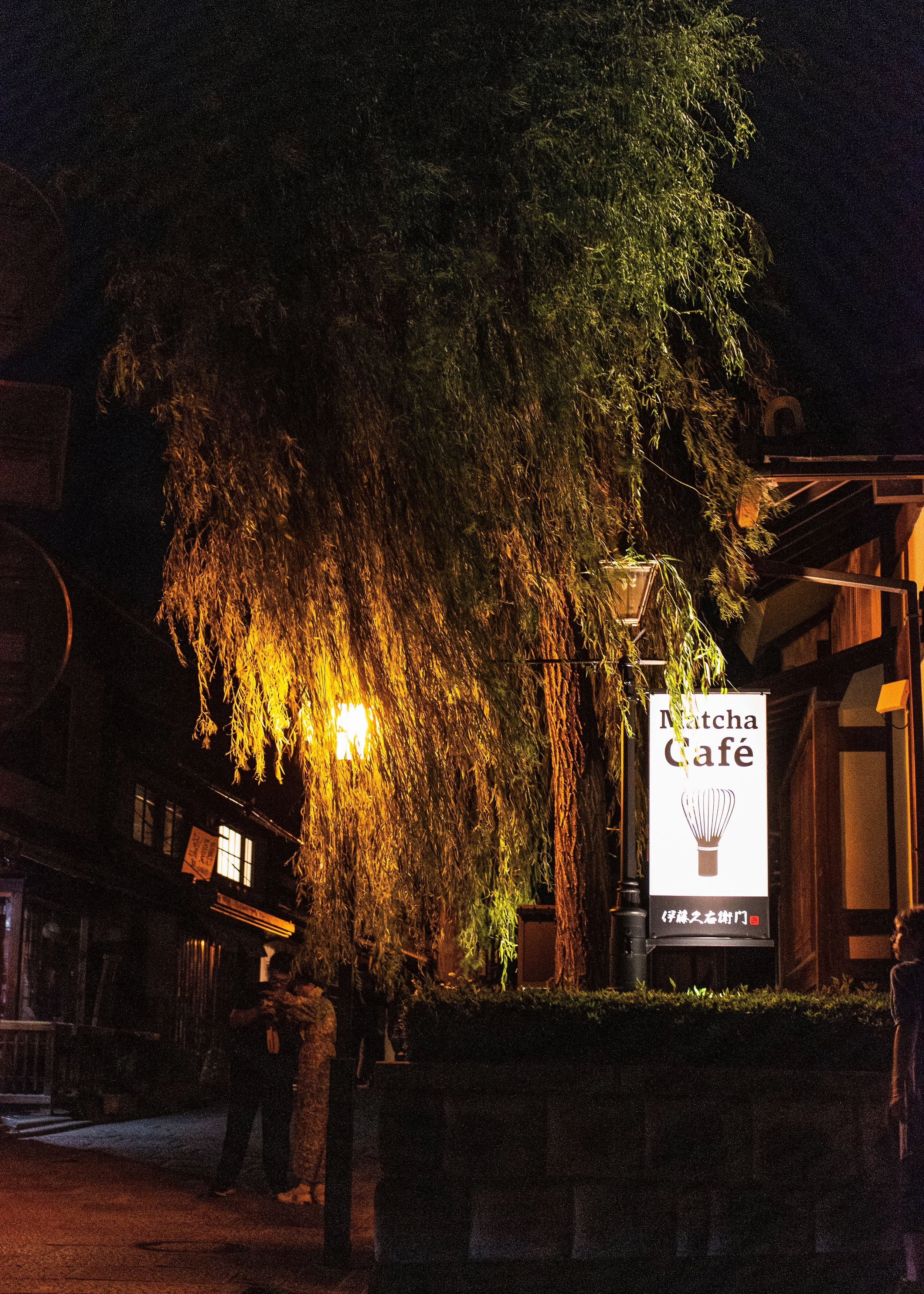 Nighttime scene of a street with a sign reading 'Matcha Café' illuminated by streetlights. A large tree with hanging branches partially obscures the scene, and buildings are visible in the background.