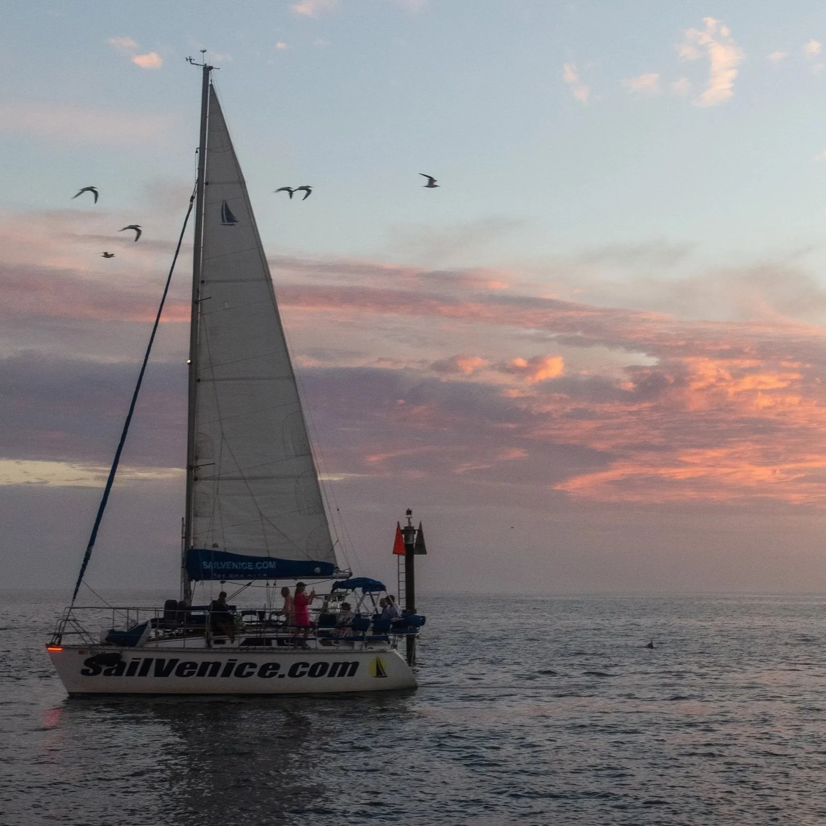 A sailboat with a white sail on calm water during sunset, with several people onboard, and a lighthouse in the background. The sky has pink, orange, and blue hues with a few clouds, and seagulls are flying around.