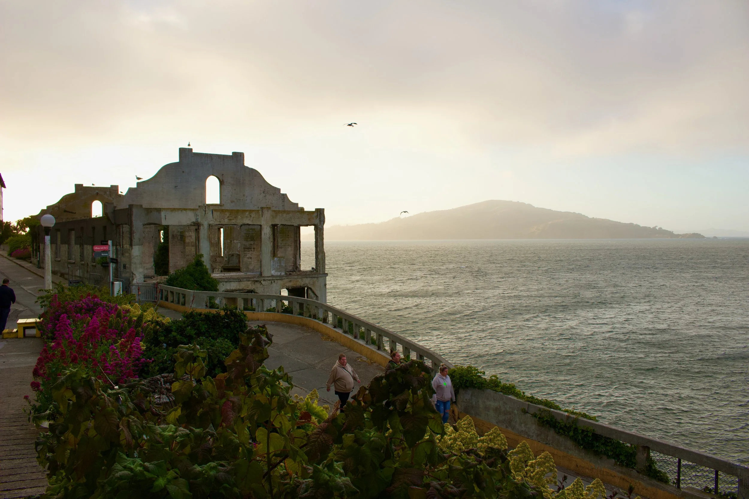 View of a historic building by the water with a hill in the background, overcast sky, and several people walking along the seaside path, with pink and green plants in the foreground.