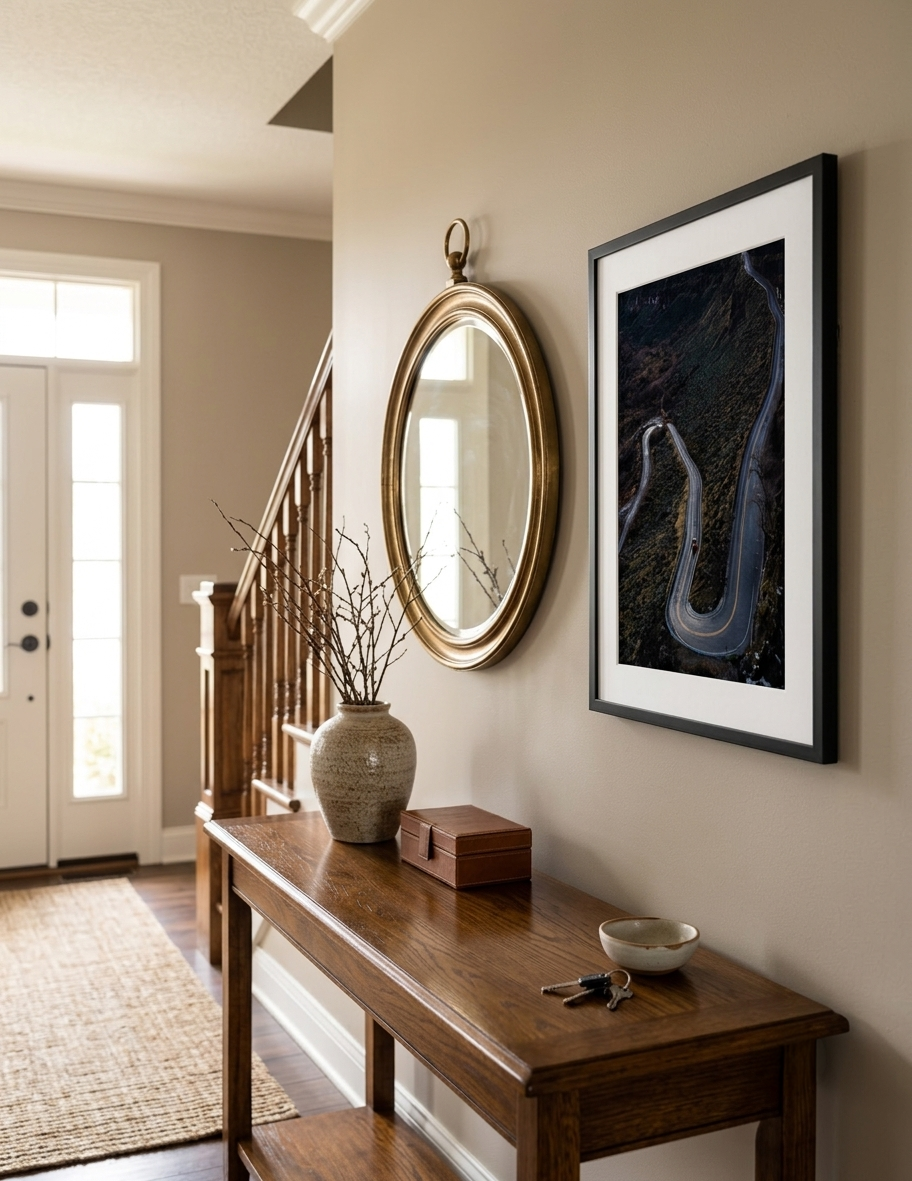 Entryway with a wooden console table decorated with a ceramic vase with twigs, a wooden box, keys, and a bowl. A round gold-framed mirror and a framed aerial photo hang above the table. A door with glass panels is in the background, and a stairway is visible to the left.