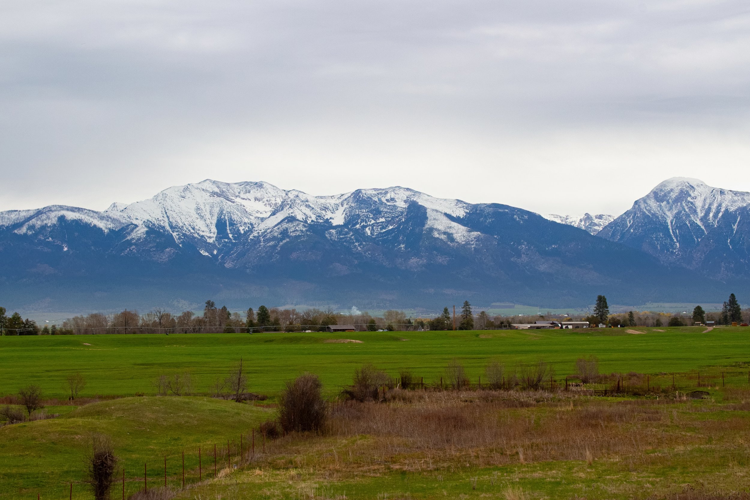 Snow-capped mountain range under a cloudy sky with green fields and trees in the foreground.