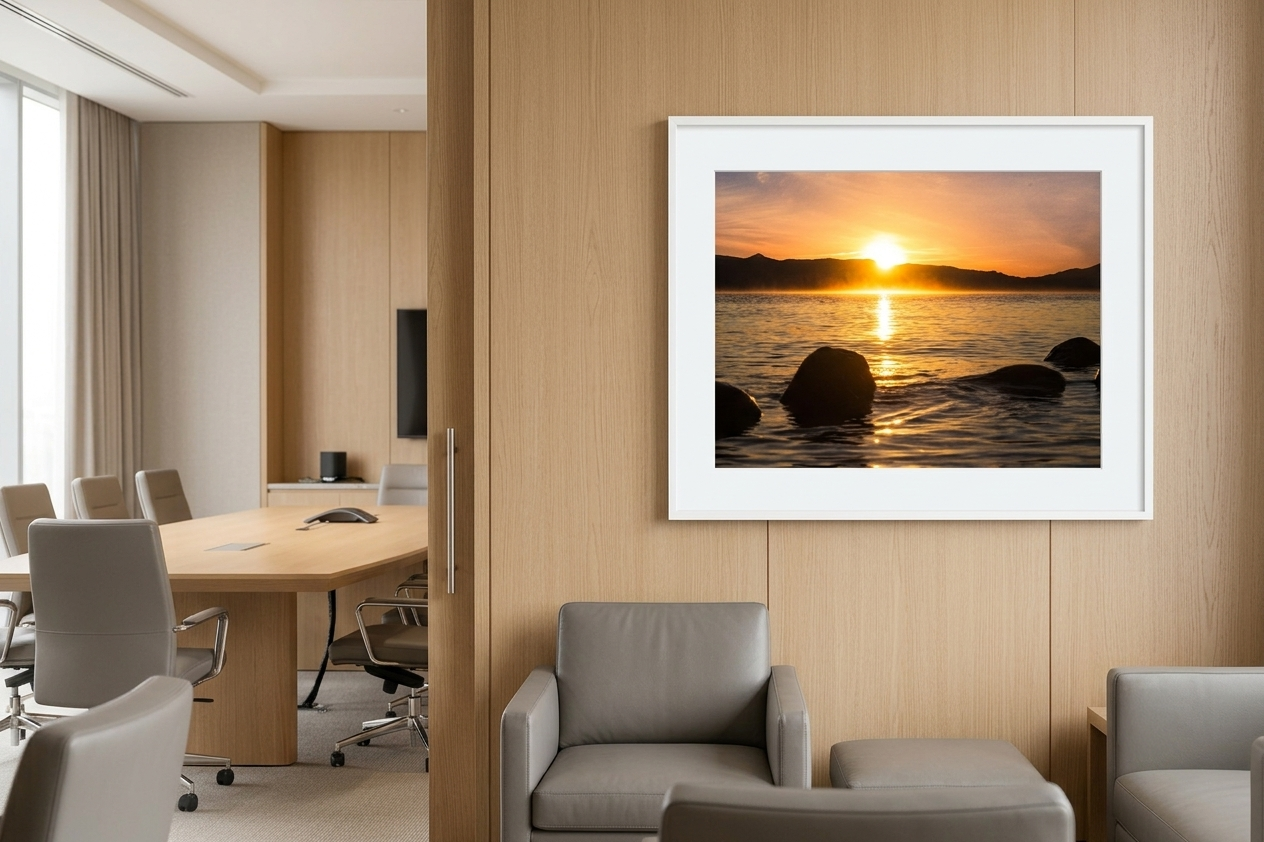 A framed sunset photo on a wooden wall in a modern office waiting area. The office has a large conference table, multiple chairs, and a TV. There are large windows with beige curtains.