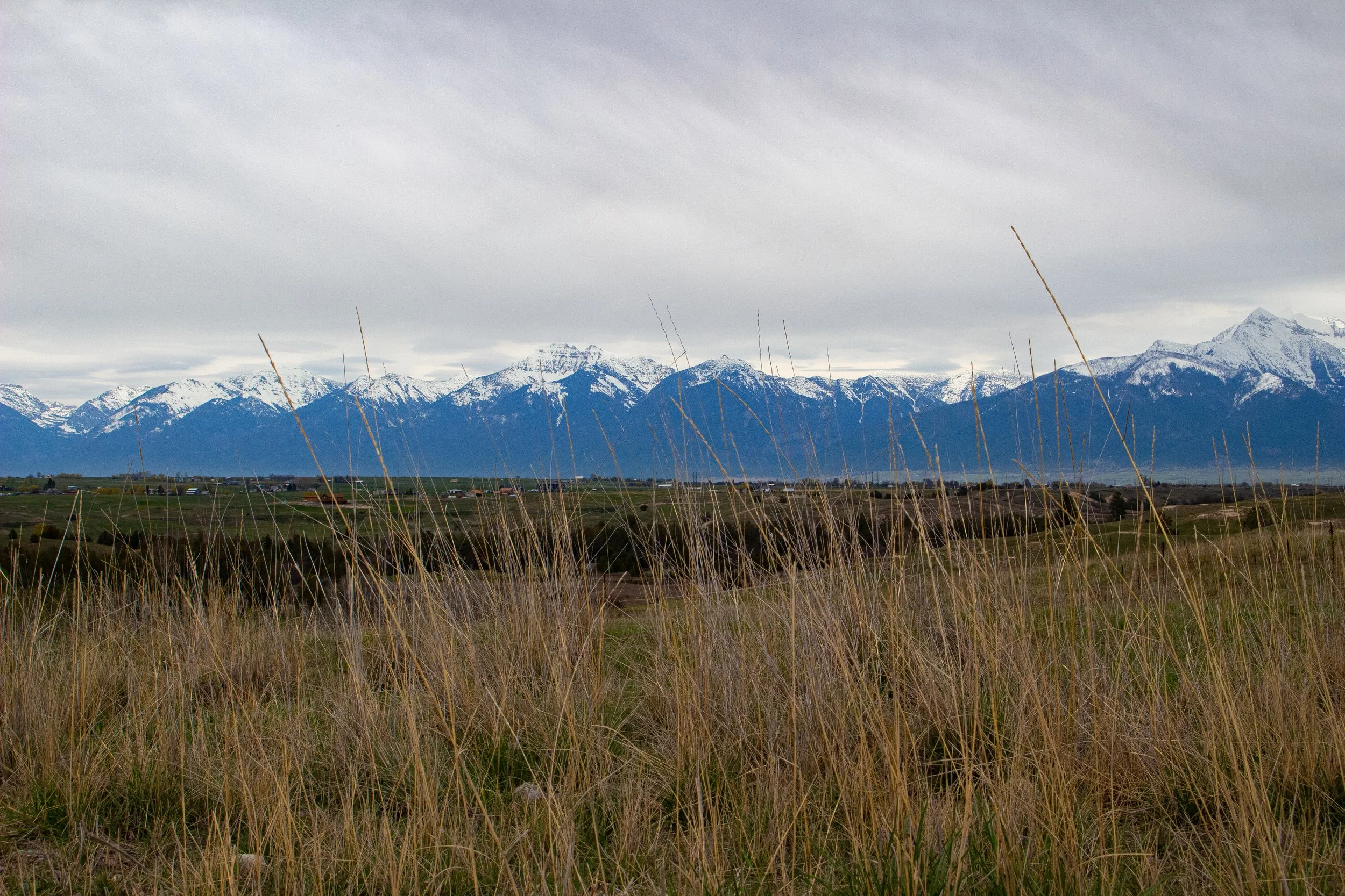 Snow-capped mountains under a cloudy sky with dry grass in the foreground and a small settlement in the valley.