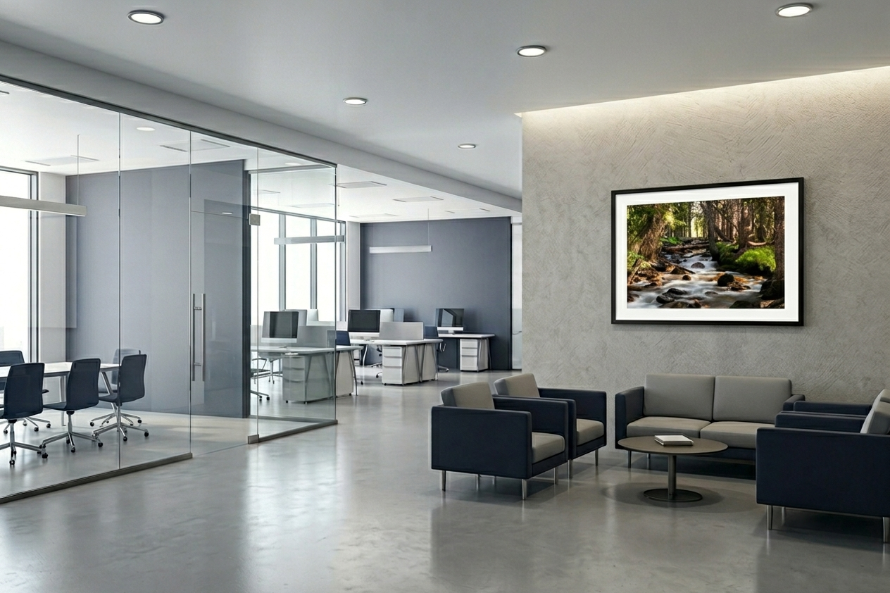 Modern office reception area with glass-walled conference room and a seating area with sofa and chairs, a landscape photograph of a stream in a forest on the wall.