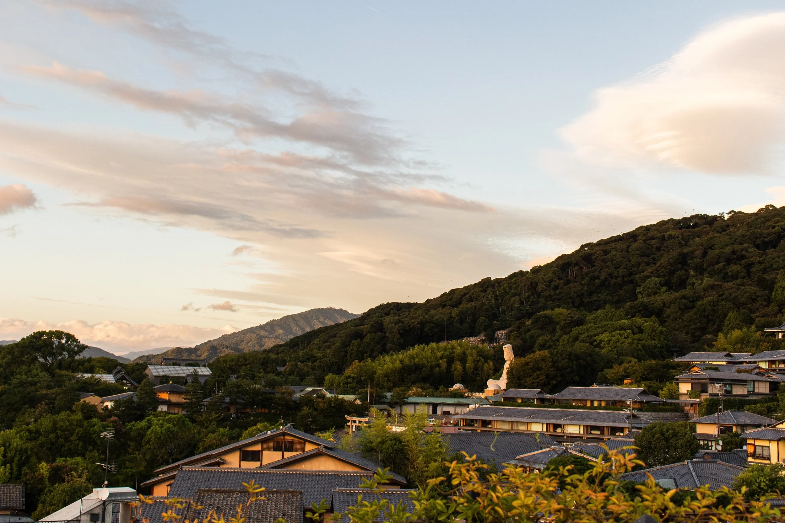 Hillside residential area with trees and houses, mountains in the background, and a sky with scattered clouds at sunset.