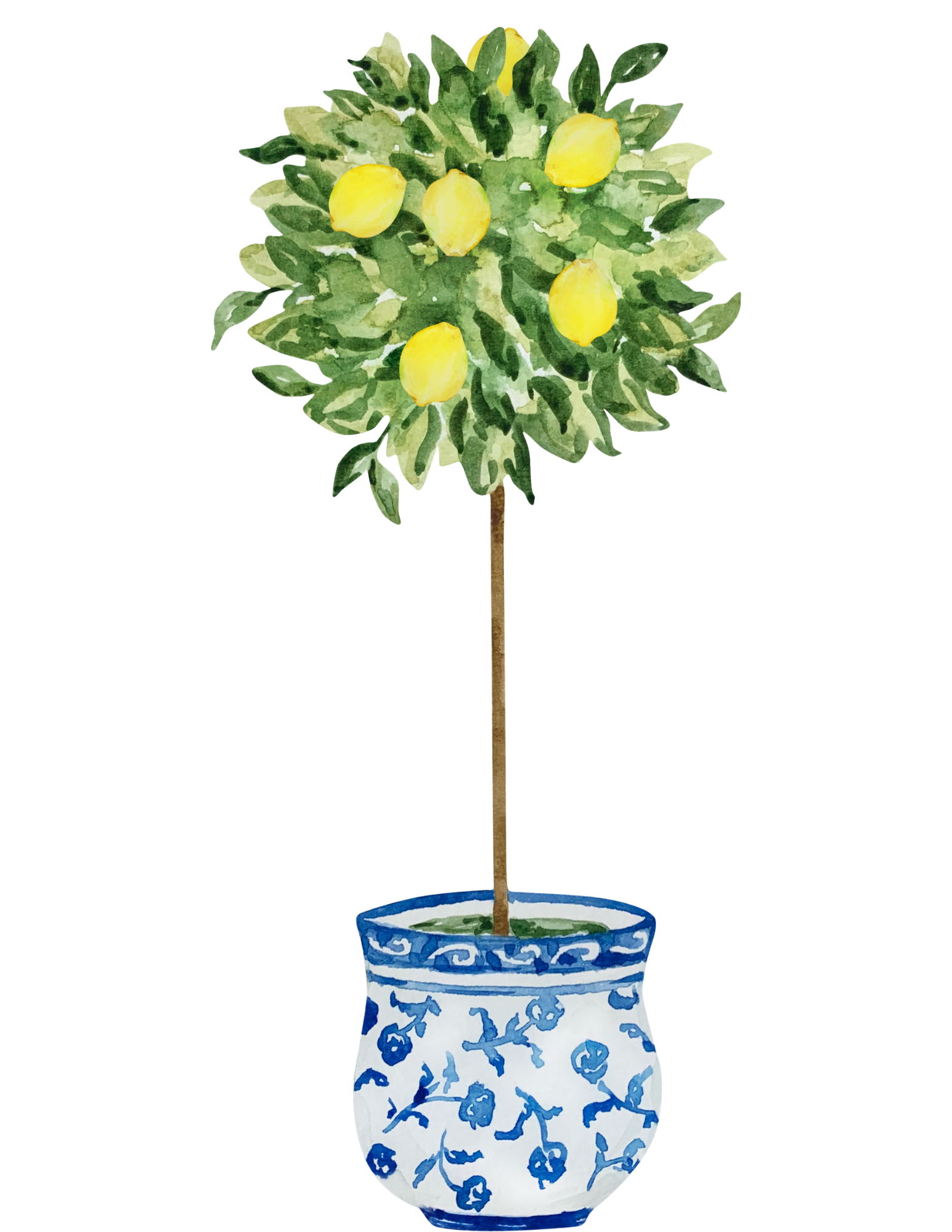 A watercolor painting of a lemon tree with yellow lemons in a blue and white patterned ceramic pot.