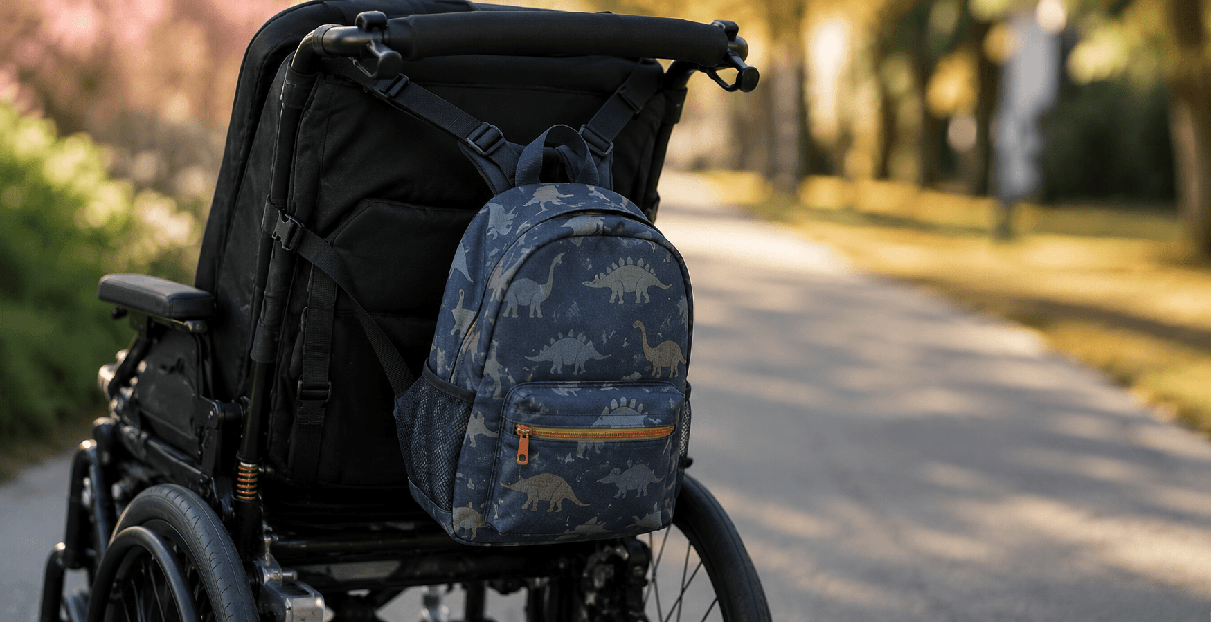A wheelchair parked outdoors on a tree-lined sidewalk during daytime, with a blue backpack featuring dinosaur patterns hanging from the wheelchair handle.