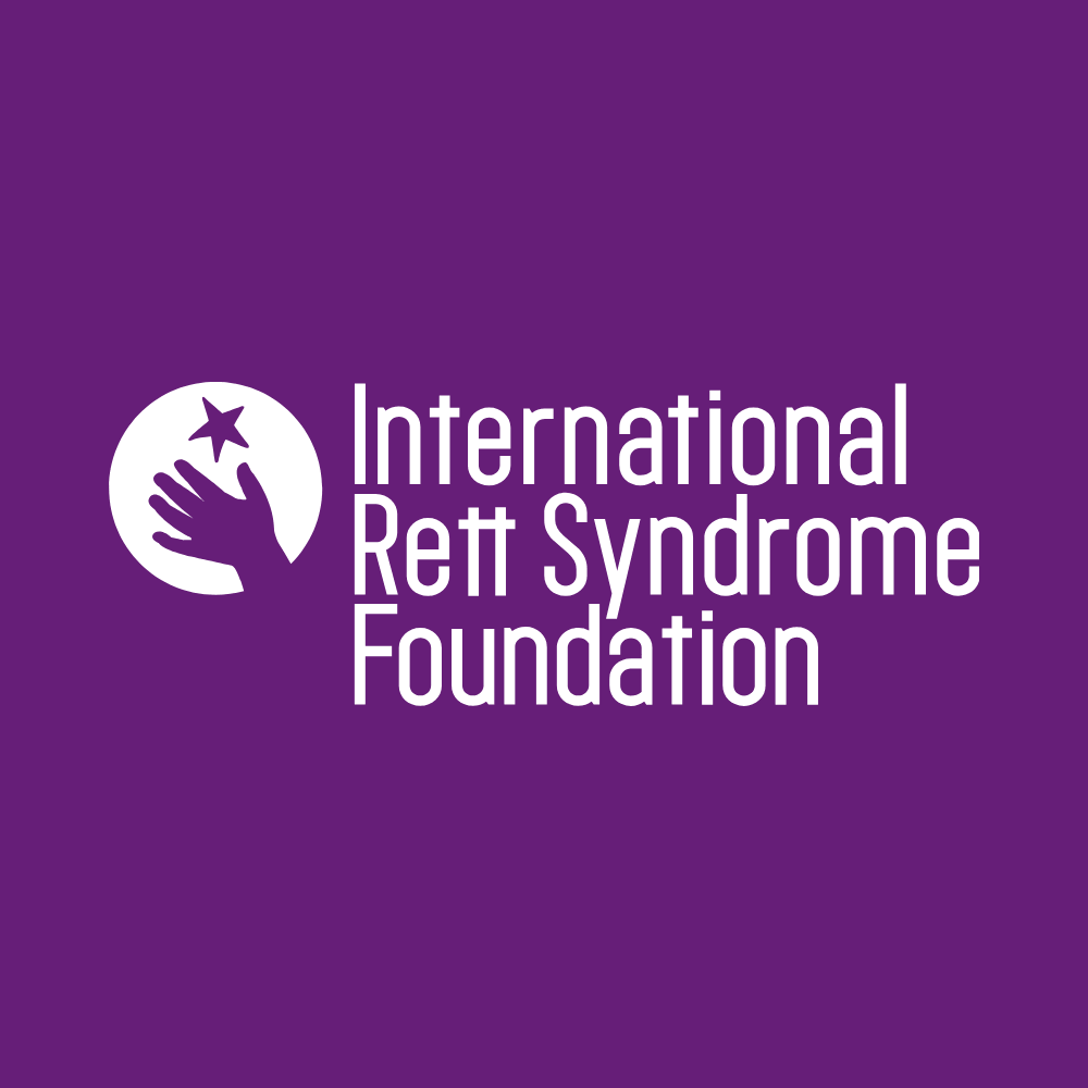 Purple background with a white logo of a hand holding a star inside a circle, next to the text 'International Rett Syndrome Foundation' in white.