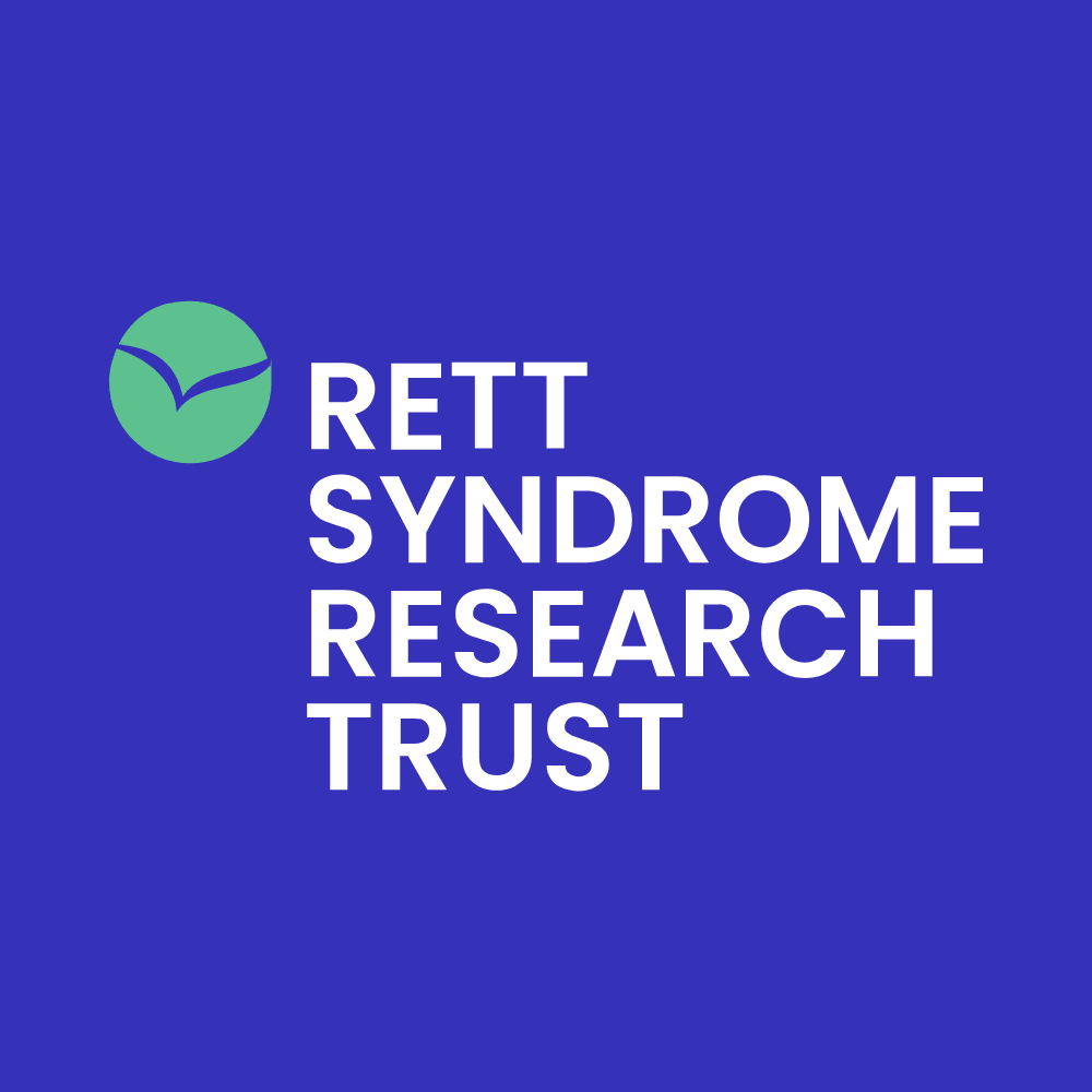 Logos and text for Rett Syndrome Research Trust on a blue background.