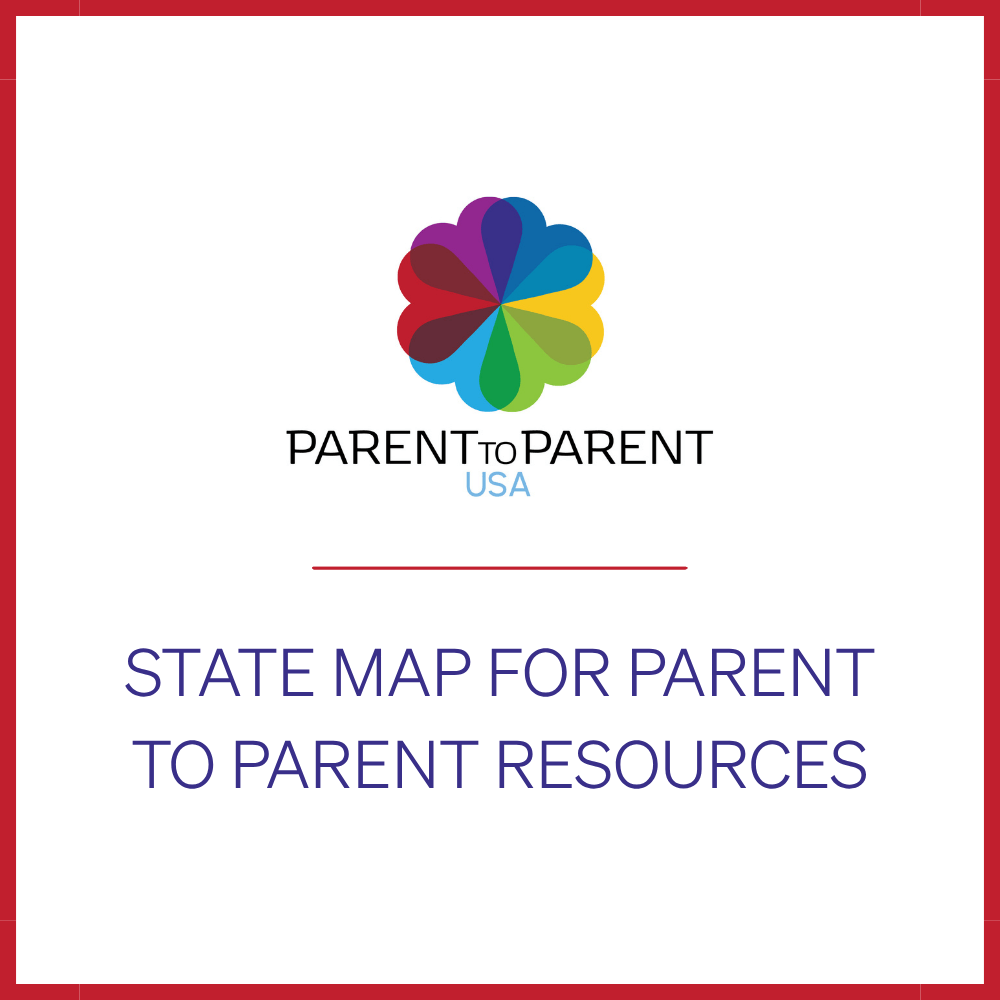 Cover page for state map of parent-to-parent resources, featuring a colorful logo with overlapping petals and the title 'State Map for Parent to Parent Resources'.