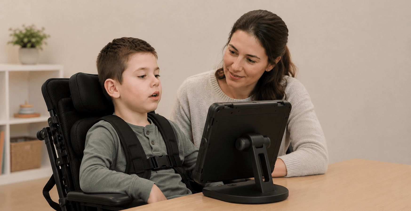 A woman and a young boy looking at a tablet together, with the boy in a wheelchair and the woman leaning in beside him.