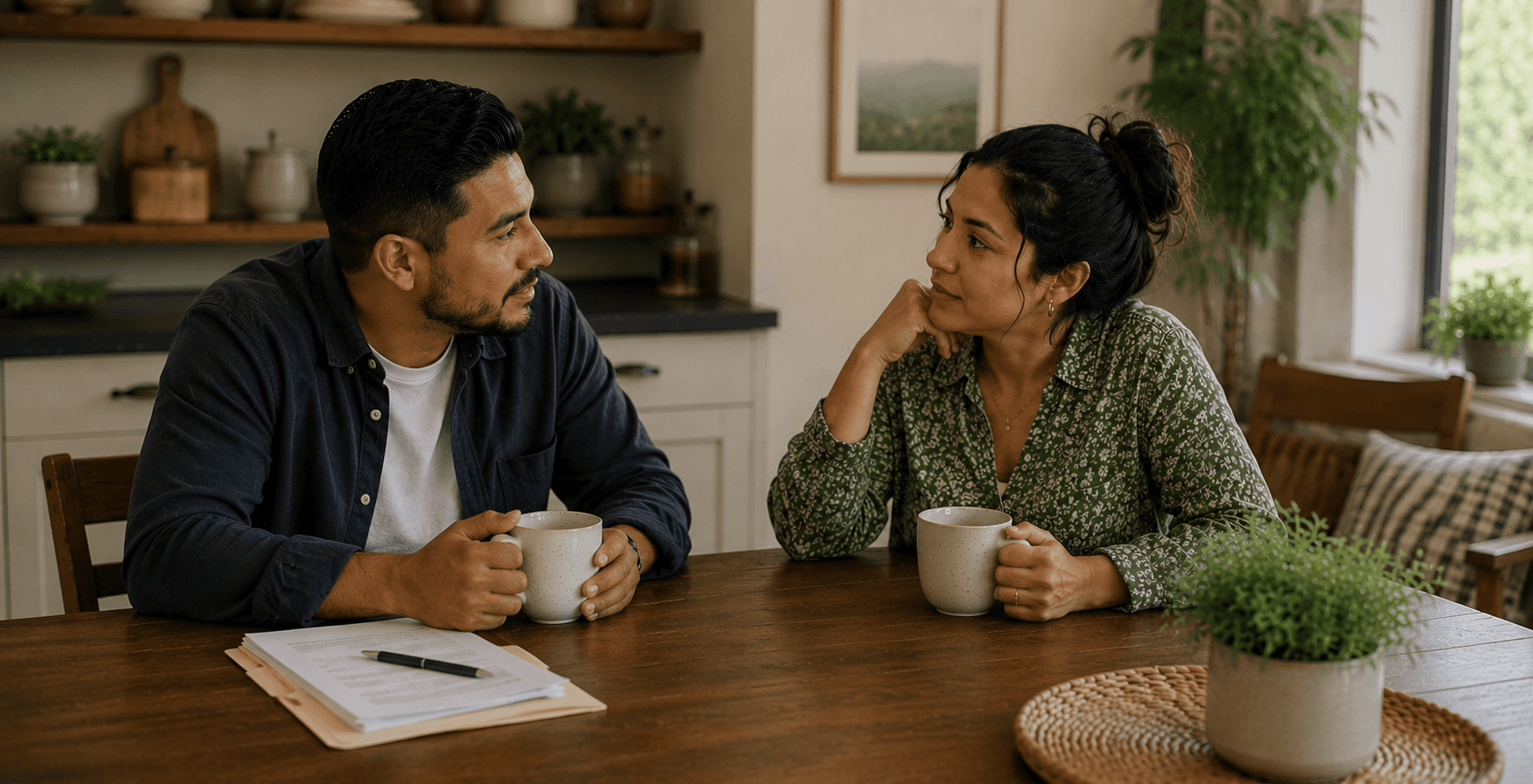 A man and woman sitting at a wooden table inside a cozy kitchen, having a conversation while holding mugs. There are papers and a pen on the table, with plants and framed pictures in the background.