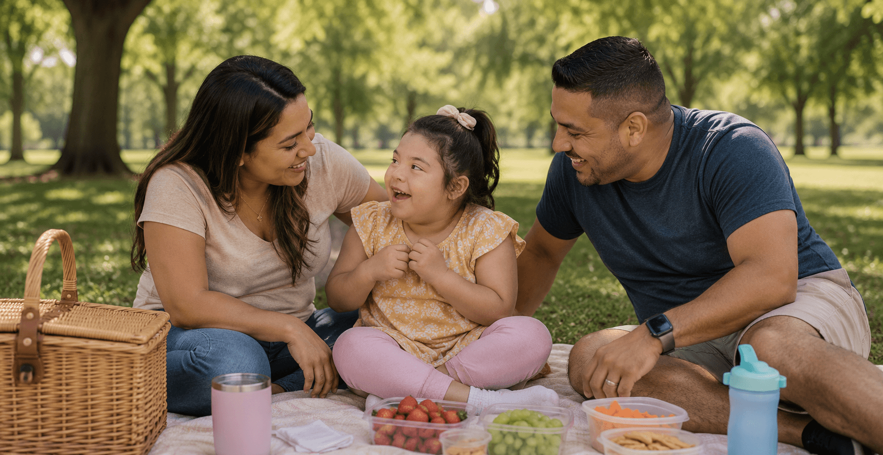 A family of three sitting on a picnic blanket in a park, smiling and laughing together. The family includes a woman, a man, and a young girl. There are picnic items such as a basket, snacks, and drinks around them.