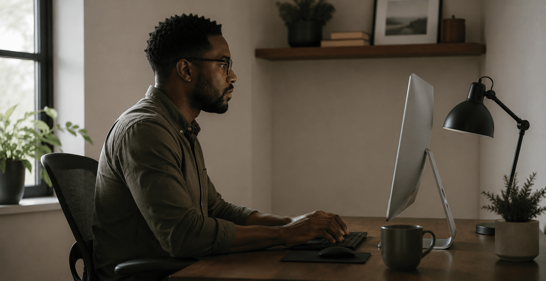 Man working at a desk in a home office, focused on a computer.