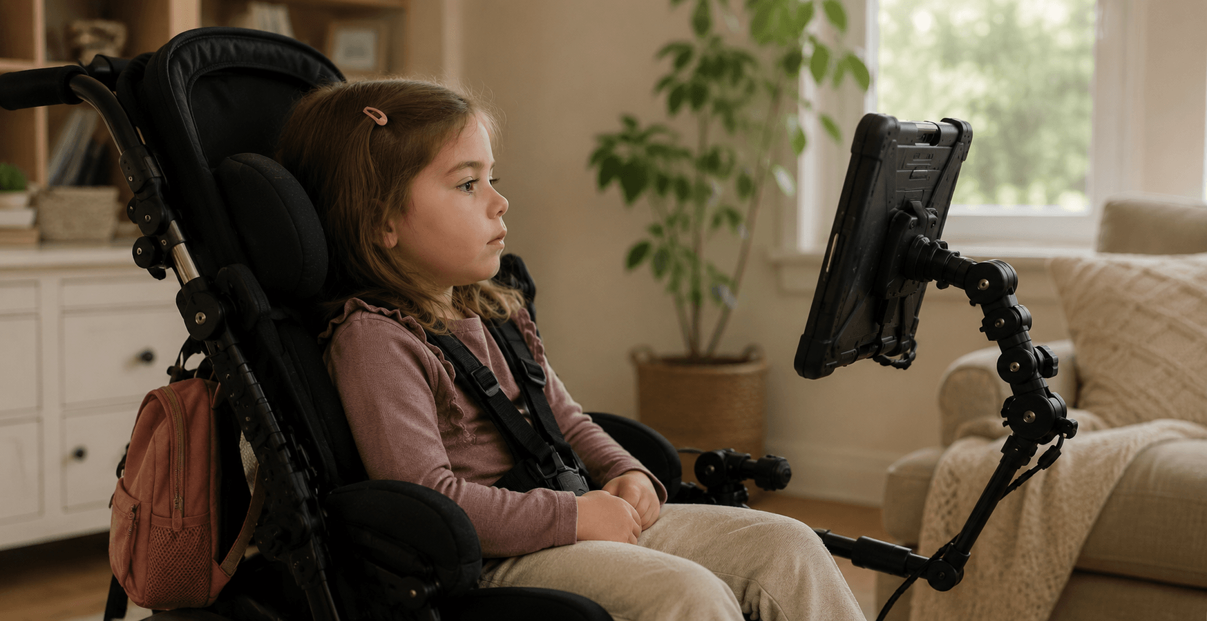 A young girl with brown hair and a pink hair clip sitting in a black motorized wheelchair watching a mounted tablet screen in a cozy living room with beige walls, a window, a plant, and a couch.