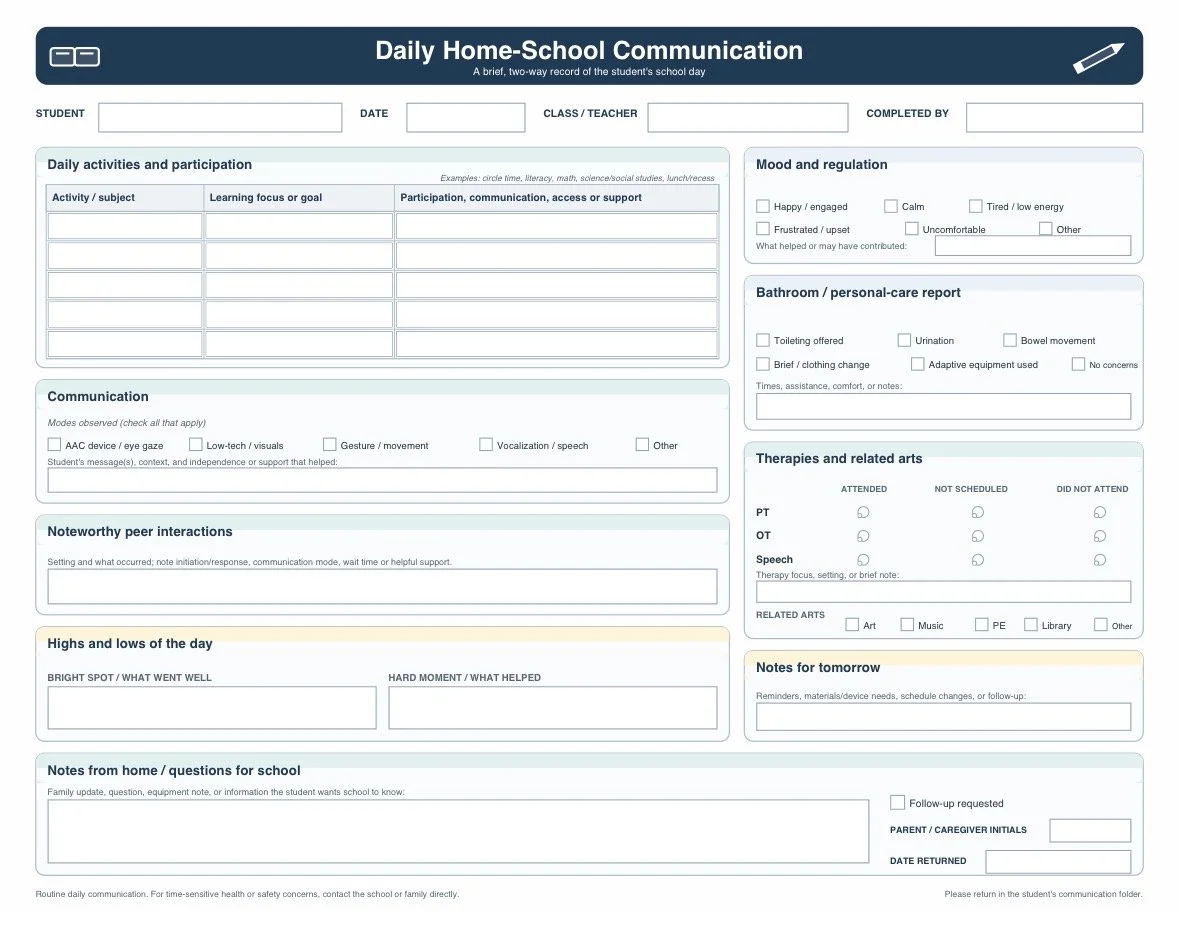 Communication Log, School Log, Communication Support, Rett Syndrome Communication Log
