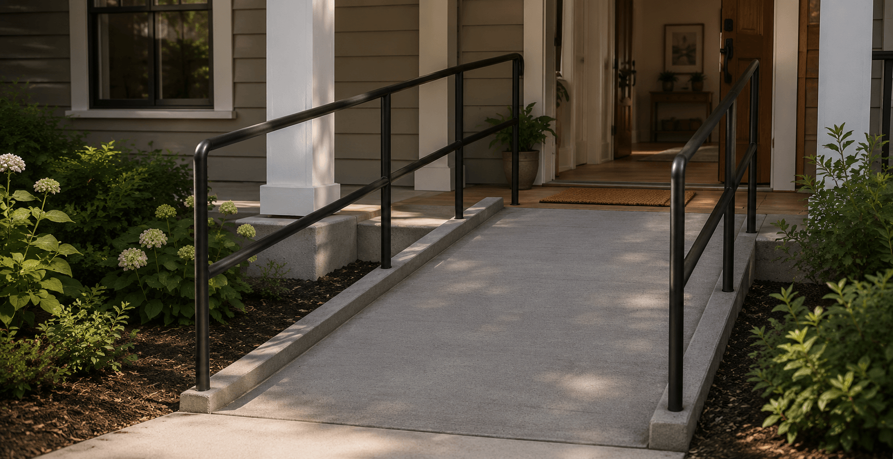 Front porch with a wheelchair accessible ramp, black metal railings, and greenery on both sides, leading to a wooden front door of a house.