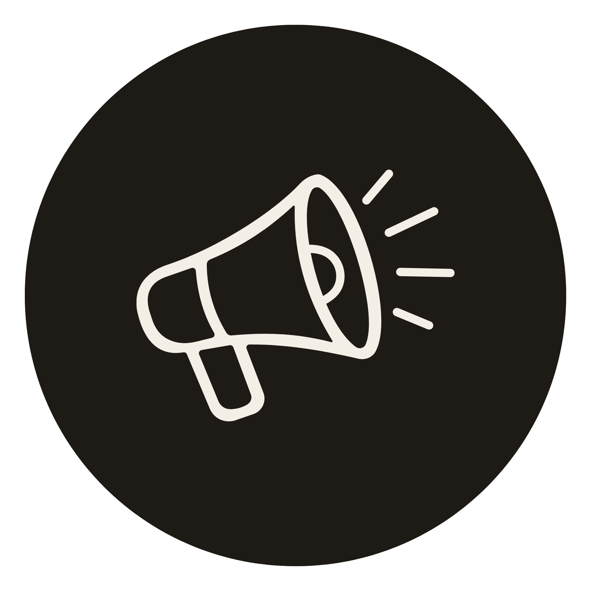 A minimalist black and white graphic of an ice cream cone, with lines radiating outward from the cone, on a dark circular background.
