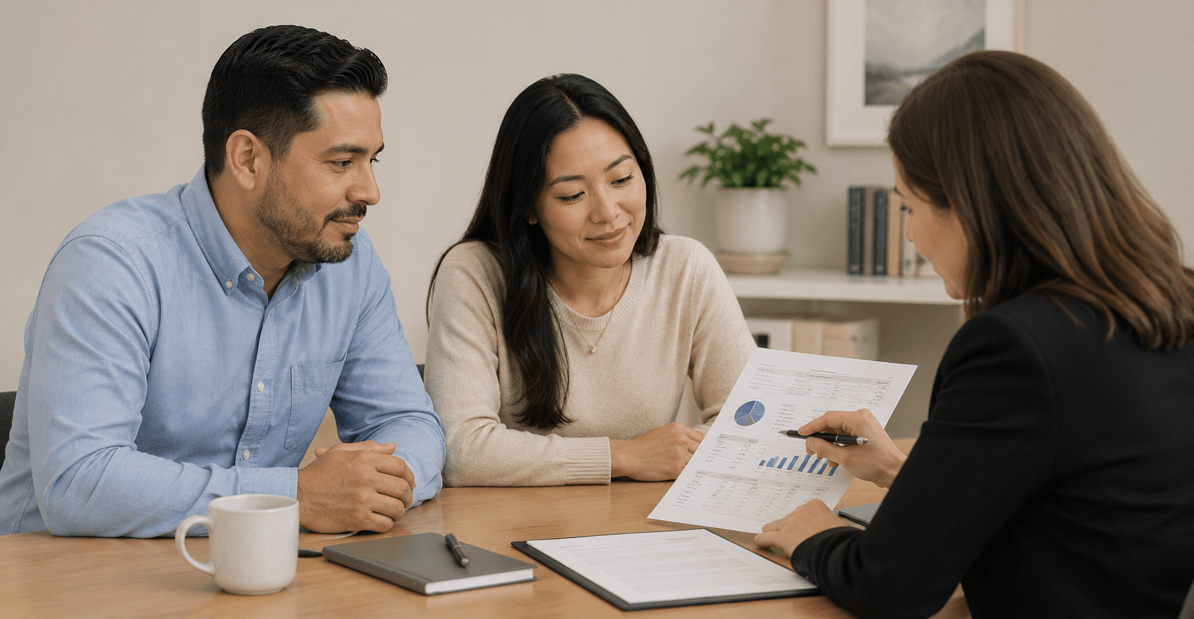 A man and woman sitting at a table during a meeting with a woman presenting financial documents and charts.