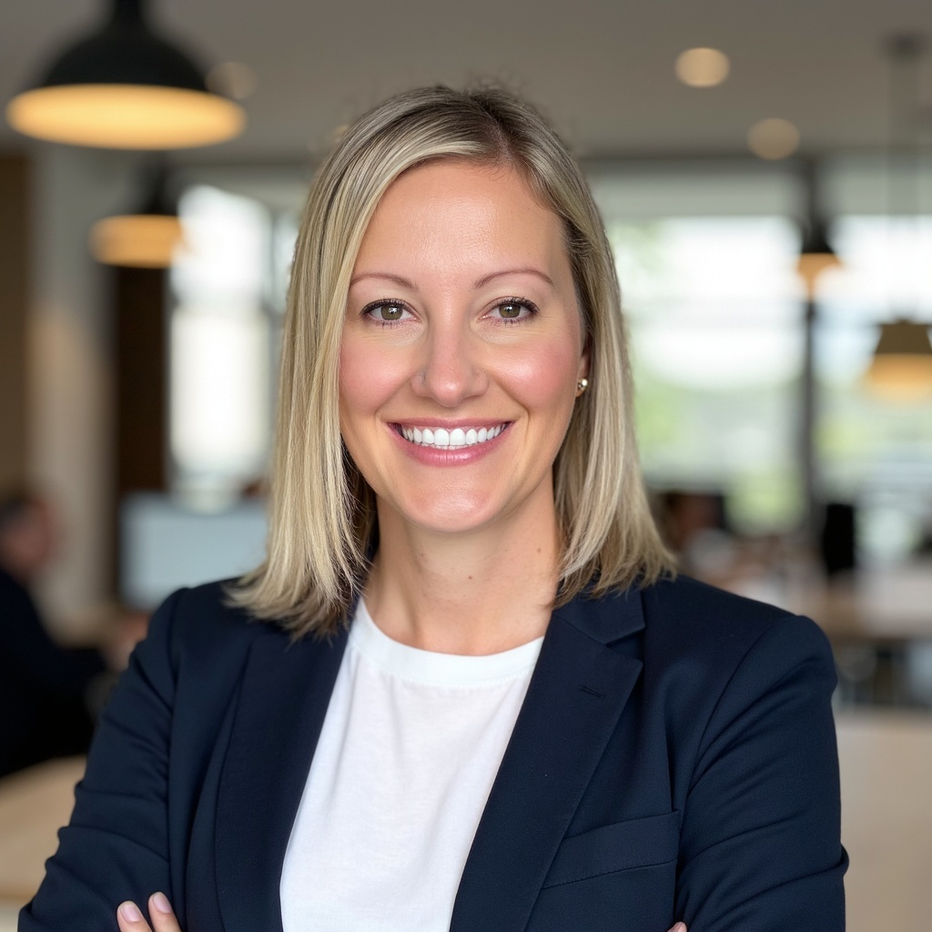Professional woman with blonde hair, smiling, wearing a navy blazer and white shirt, in an office setting.