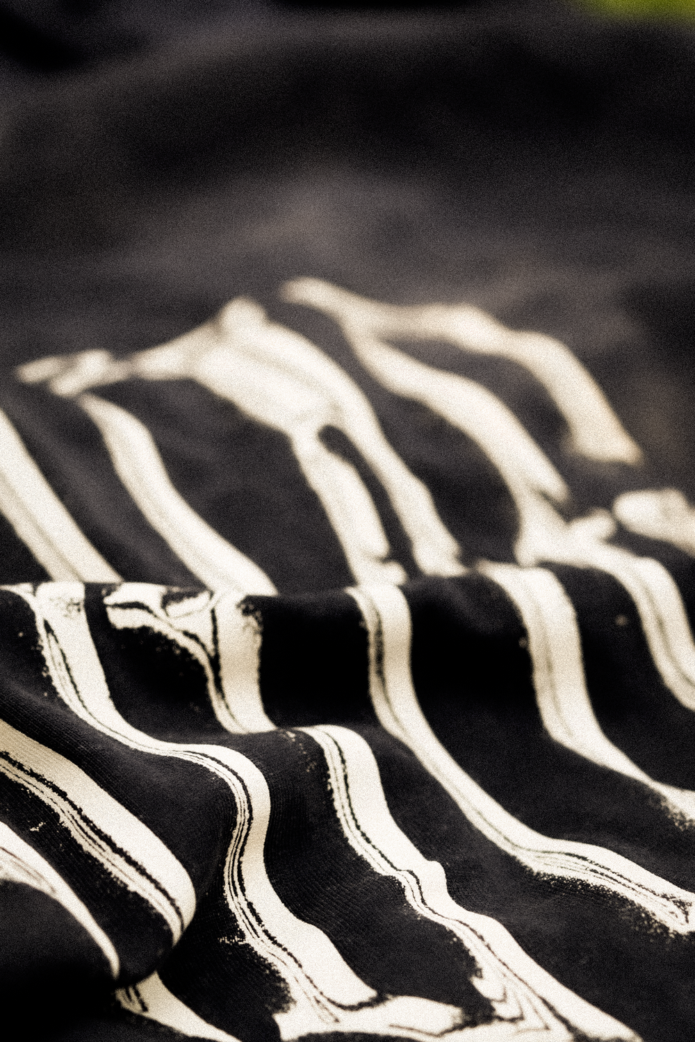 Close-up of a black and cream Ragtag print