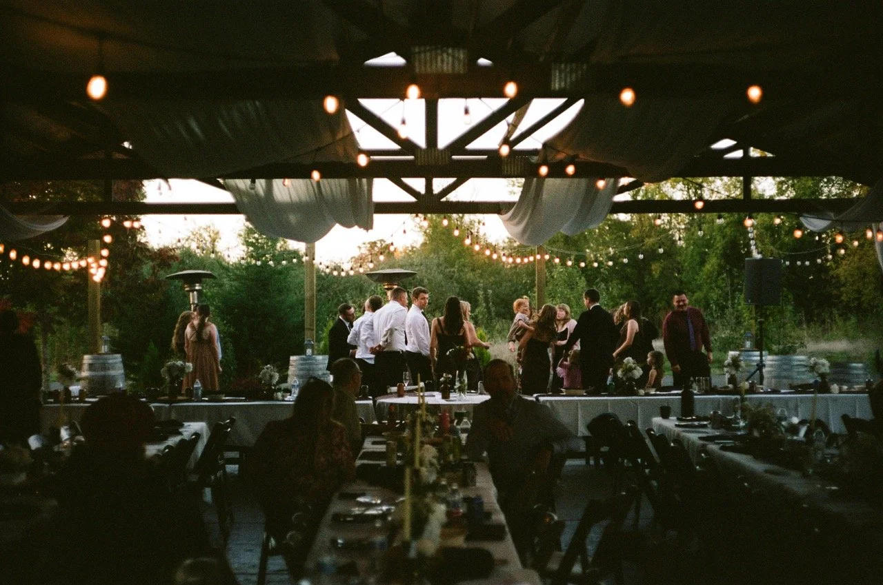 Guests at the reception under an open pavilion strung with lights, shot on film