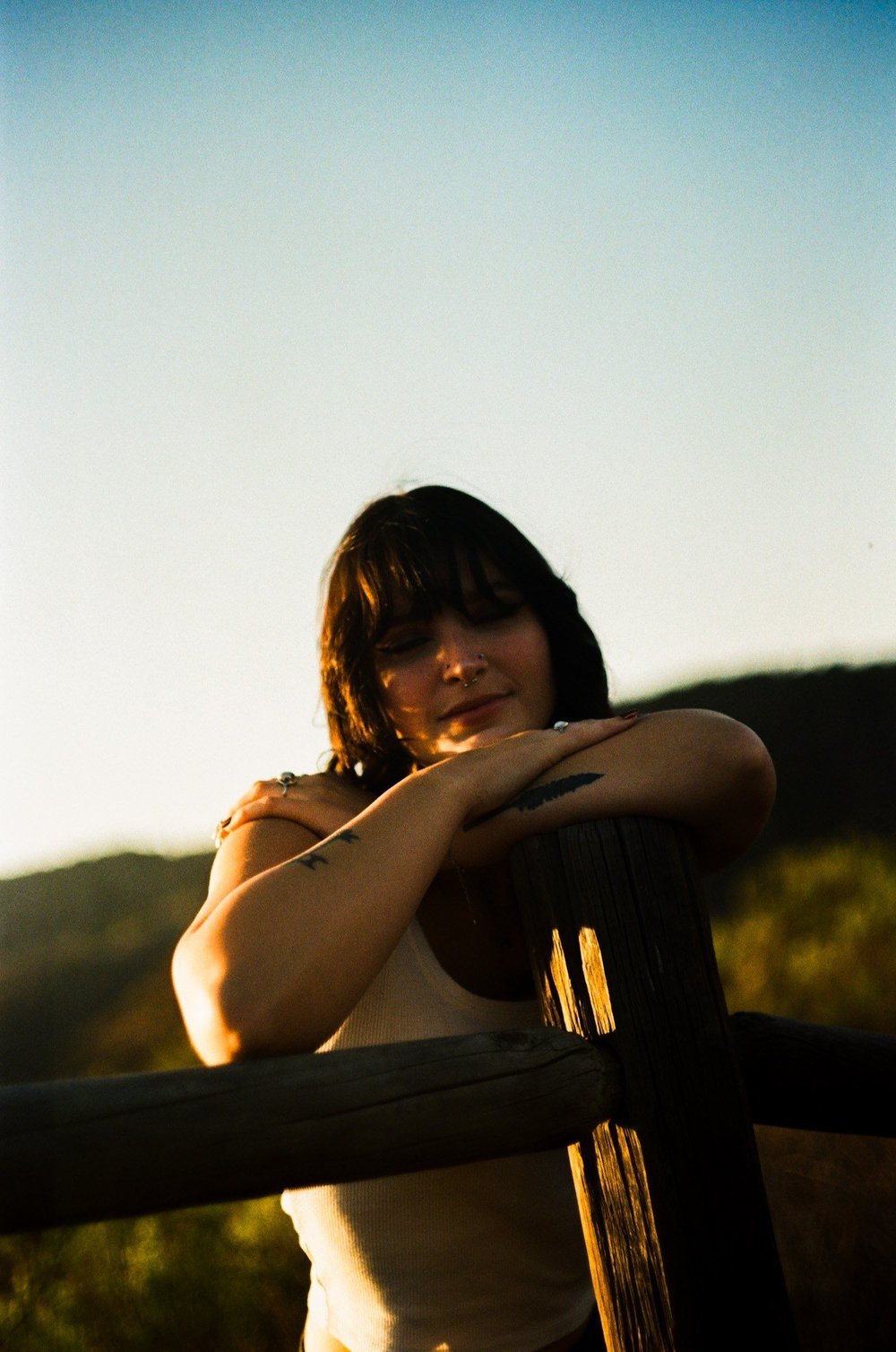 Laurel resting on a wooden fence at sunset in El Cajon, shot on 35mm film