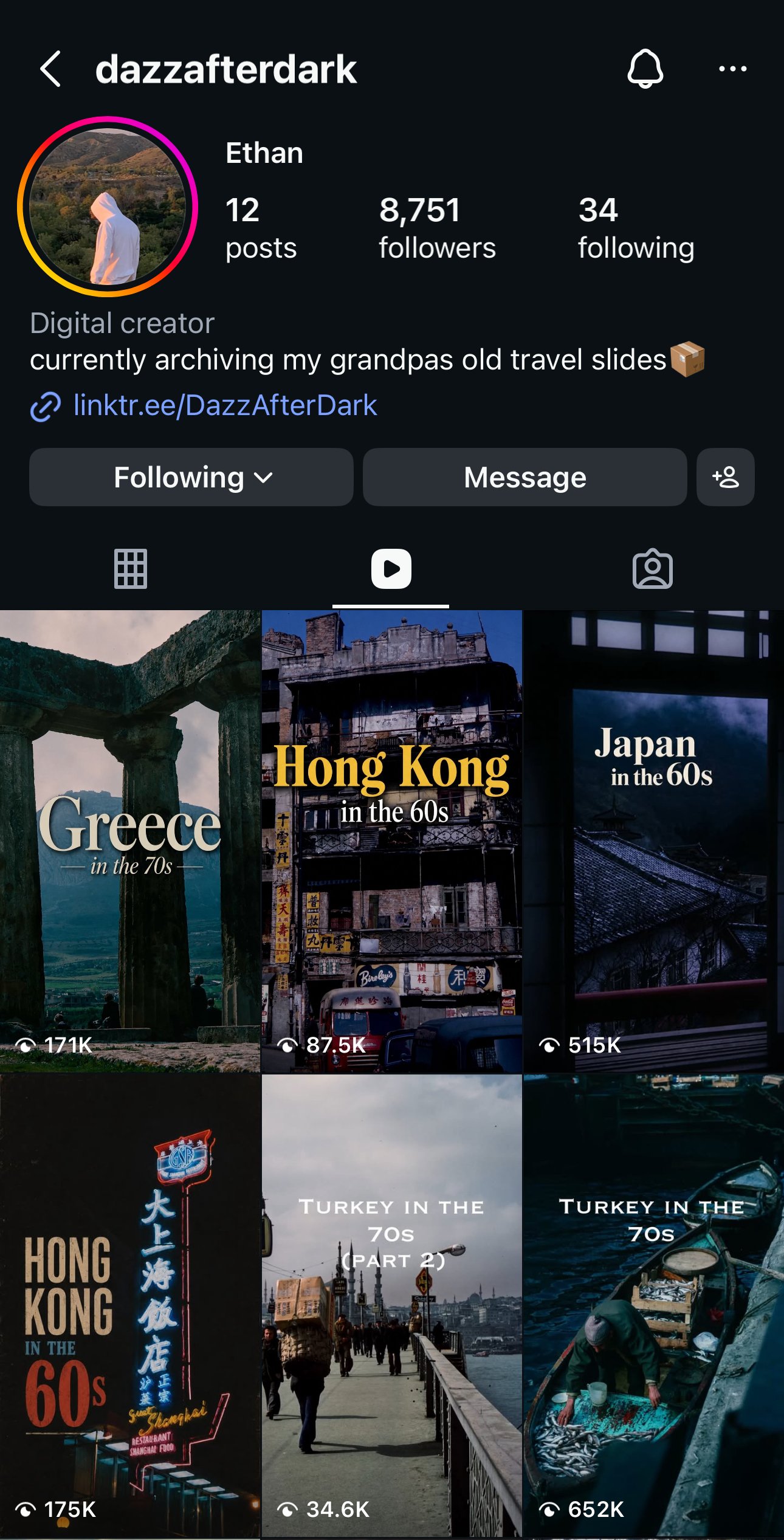 Screenshot of a social media profile page for 'dazzafterdark' showcasing travel videos from Greece, Hong Kong, and Japan in the 1960s, with some images showing ancient ruins, city buildings, neon signs, street scenes, and a person working on a boat with fish.