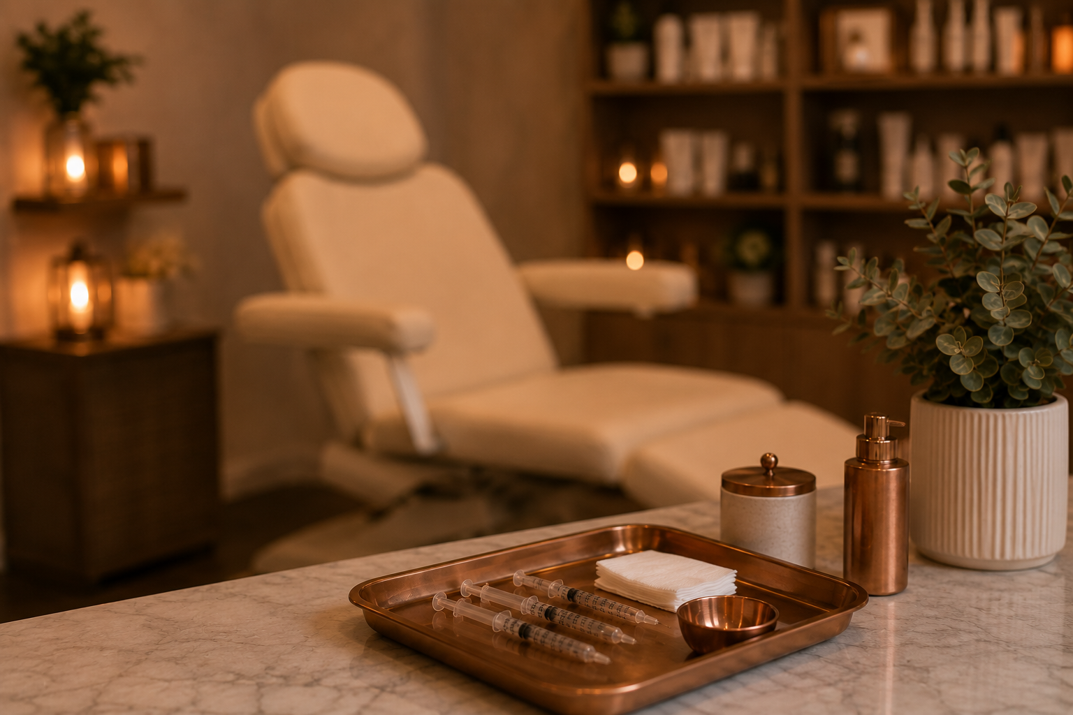 Luxury aesthetic treatment room at CopperHaus Aesthetics in Glendale Arizona featuring injectable treatments and skin rejuvenation services