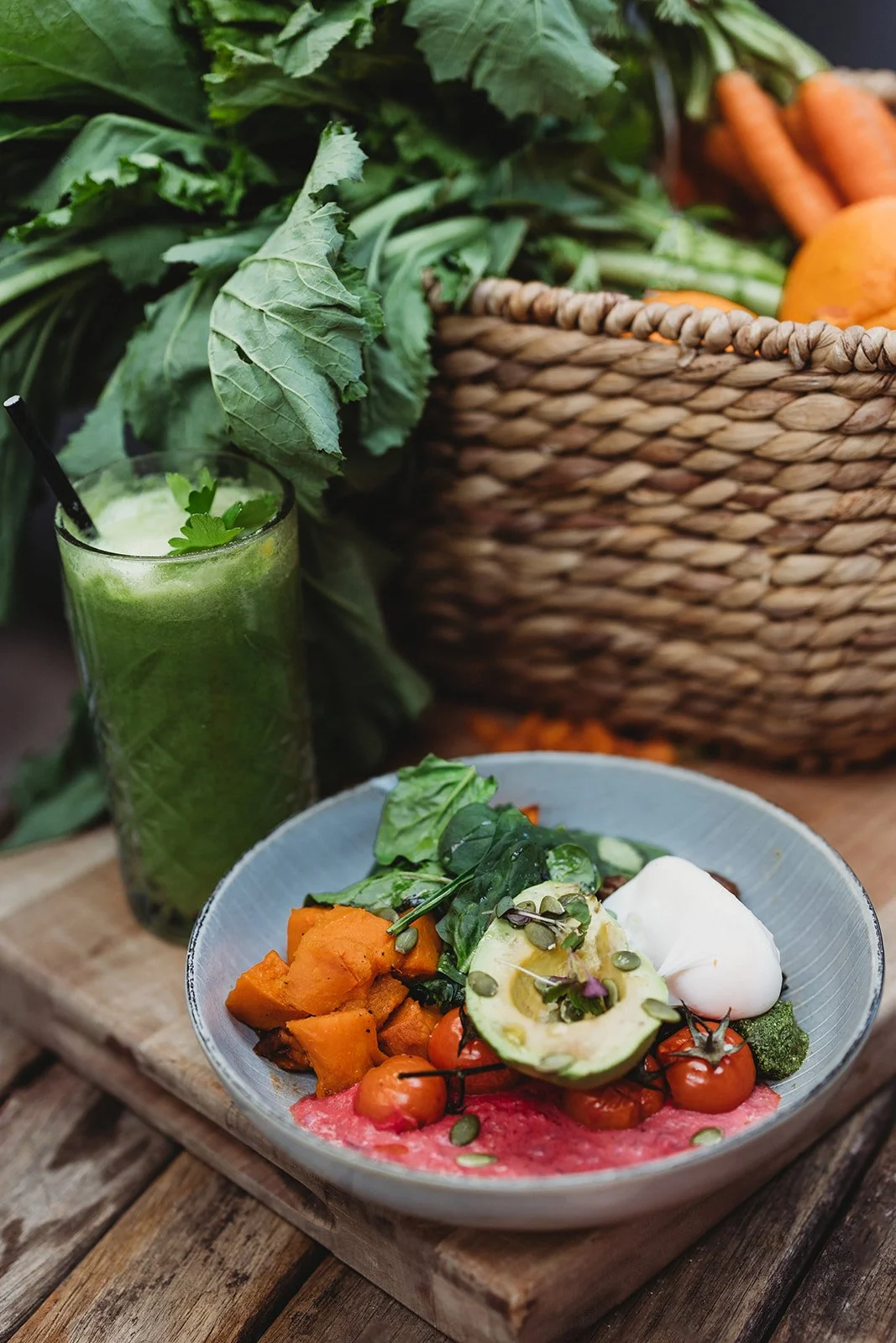 Bowl of healthy food and a smoothie