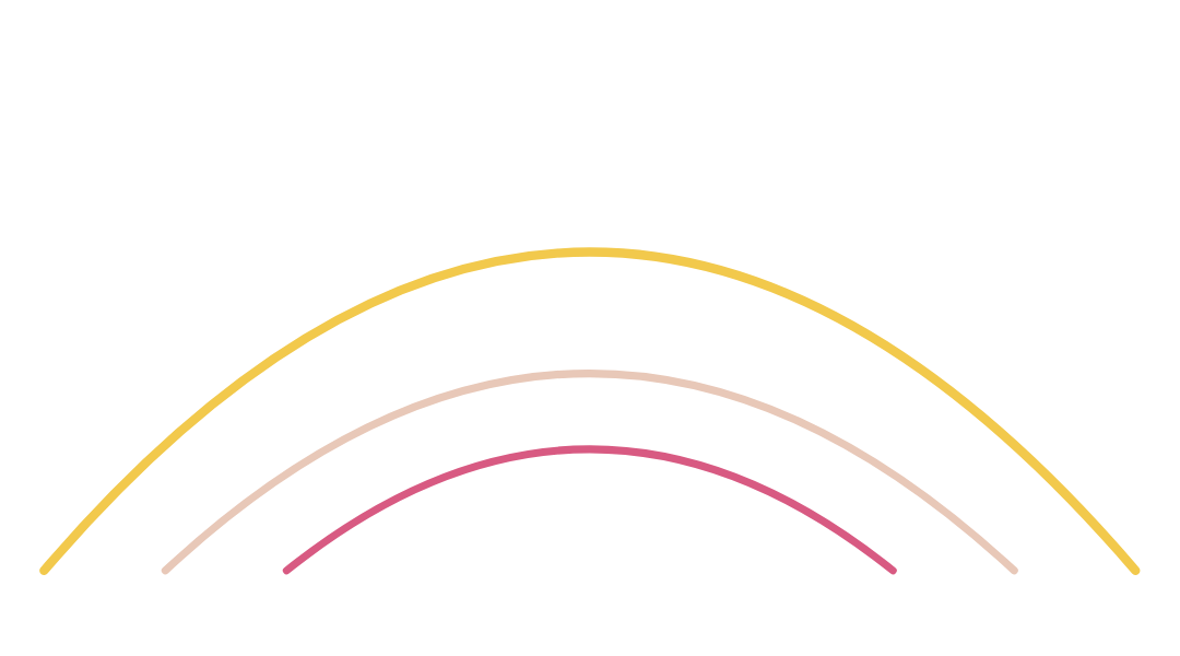 A colorful rainbow with seven distinct arches, each in different colors, listed from outside to inside: yellow, light pink, darker pink, orange, purple, light purple, and blue, against a white background.